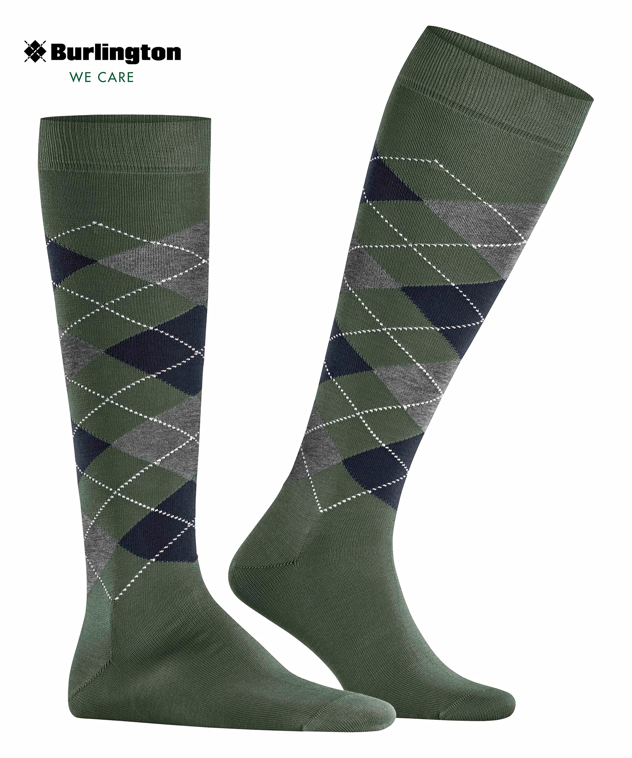 Burlington hombre Manchester calcetines largos transpirable sostenible ecológico algodón delgado costura plana en la zona de los dedos argyle patrón talla unica idea de regalo 1 par