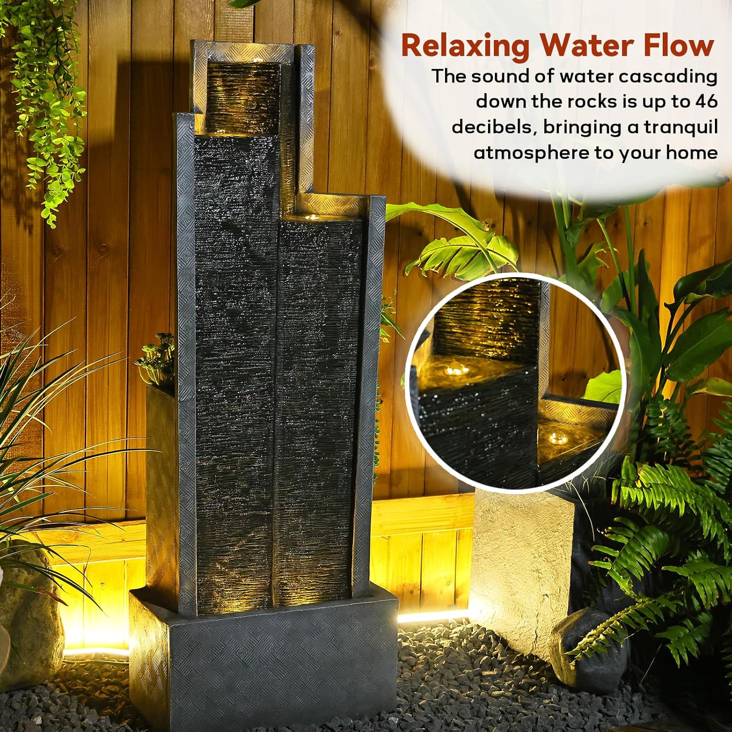 Sunlinua 49.6H Modern Outdoor Water Fountain with LED Light Garden Cascading Waterfall Feature for Indoor or Outdoor Cascading Waterfall for Relaxing Garden Patio Backyard Porch or Home Décor
