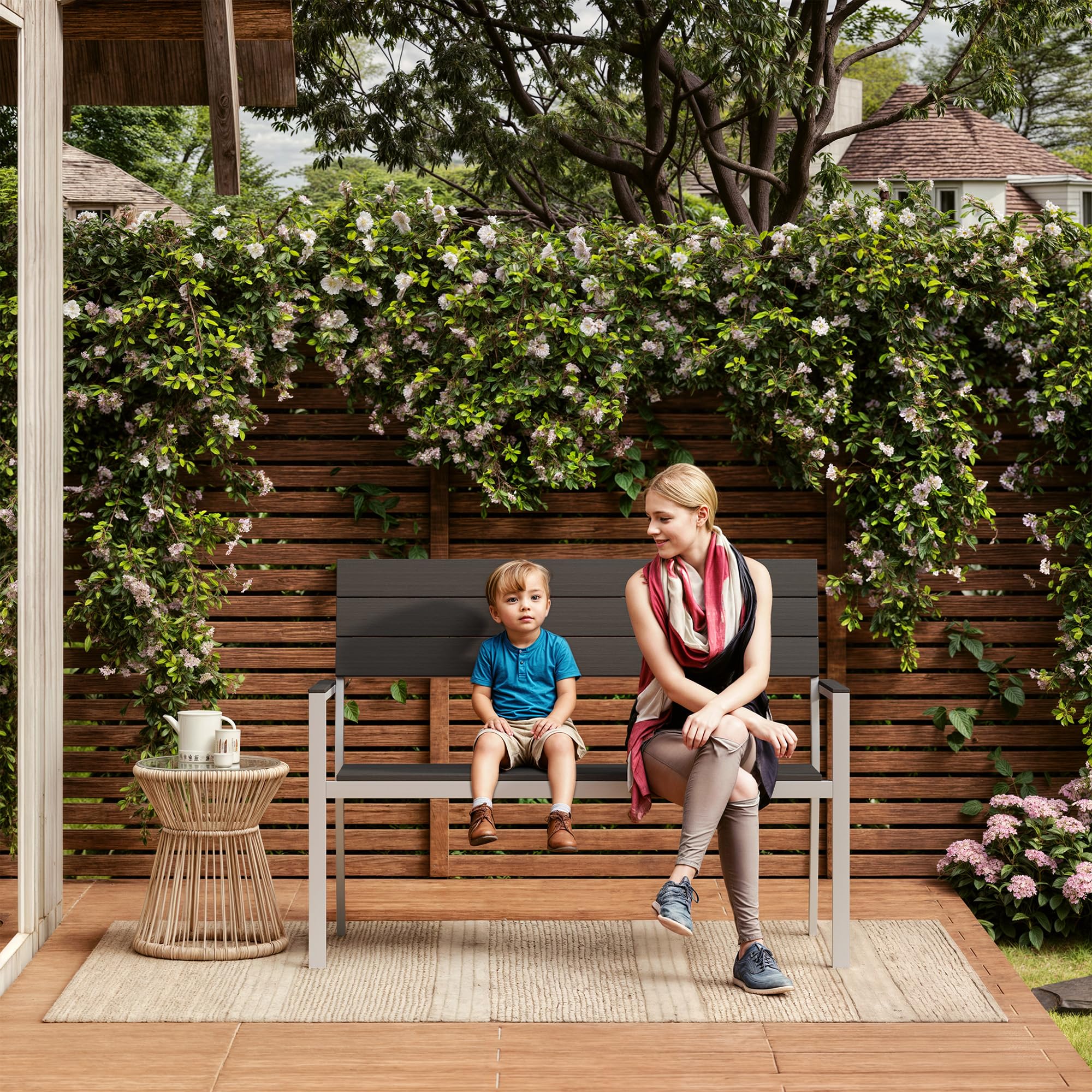 Amopatio Gartenbank Wetterfest, 2 Sitzer Sitzbank Outdoor, Balkonbank Metall aus WPC, UV-beständig Holzbank, Moderne Parkbank Gartenmöbel bis 320kg für Garten, Terrasse & Balkon, Schwarz-Anthrazit