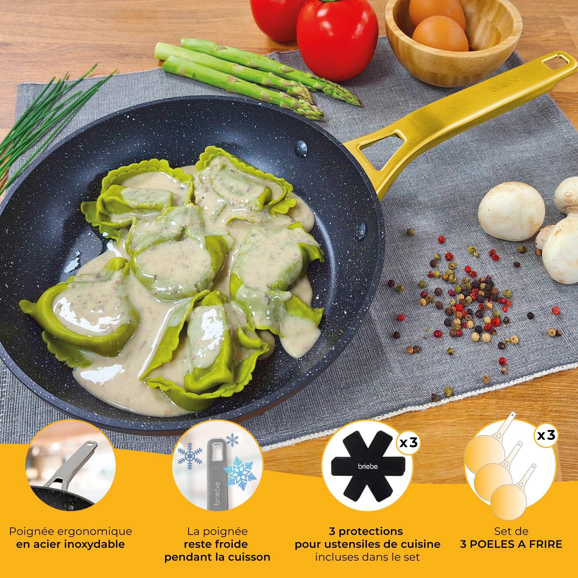 briebe Gold Titanium Set de 3 Poêles Induction, Antiadhésives Titane 18-20-24cm, Aluminium Forgé, Revêtement sans PFOA, Manche Professionnel Acier Inox, Vitrocéramique, Gaz, 3 Protecteurs