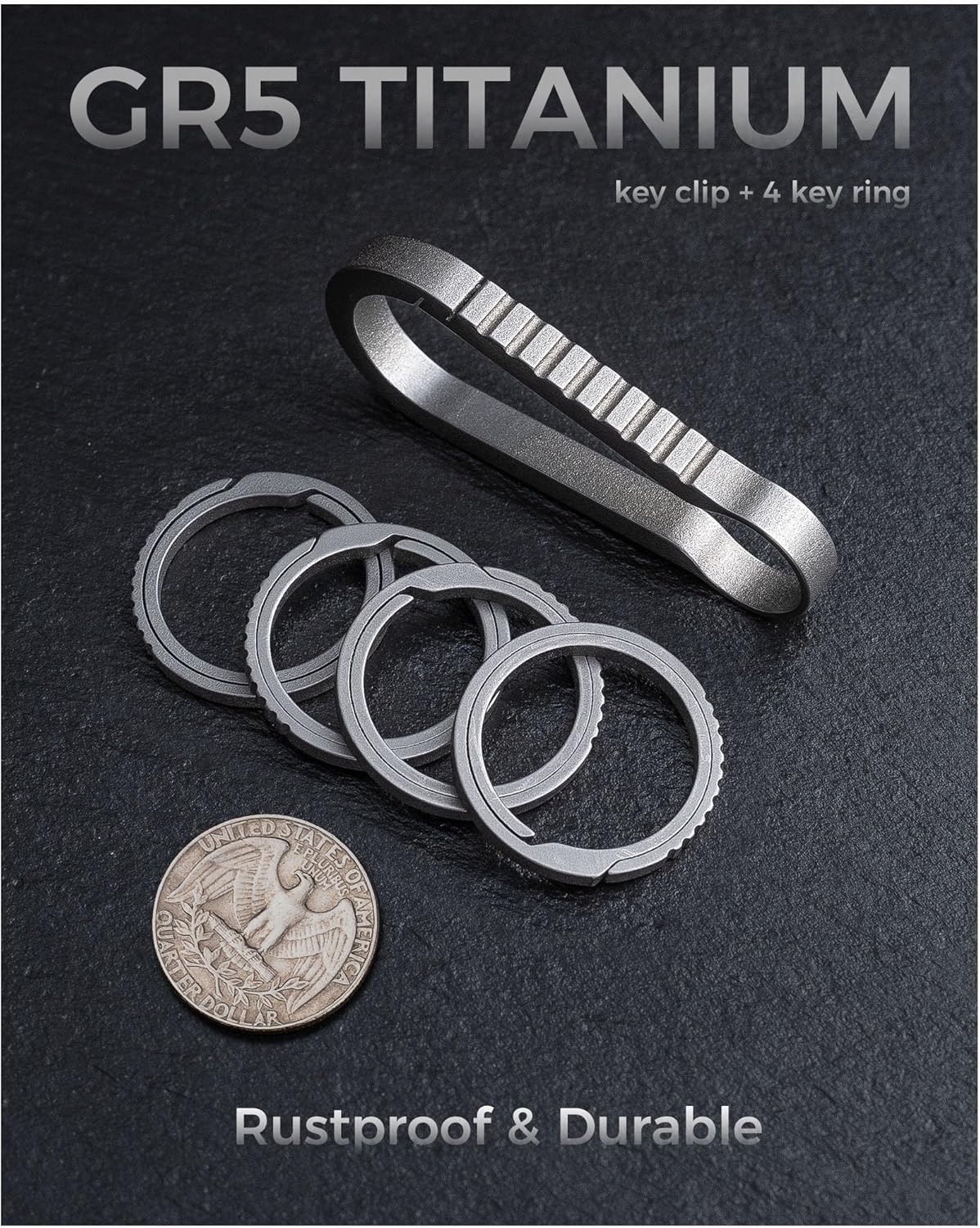 FEGVE Titanium Key Chain Clip with 4 Pack Side Push Key Rings, Men Keychain Hook Clip for Home Car Keys