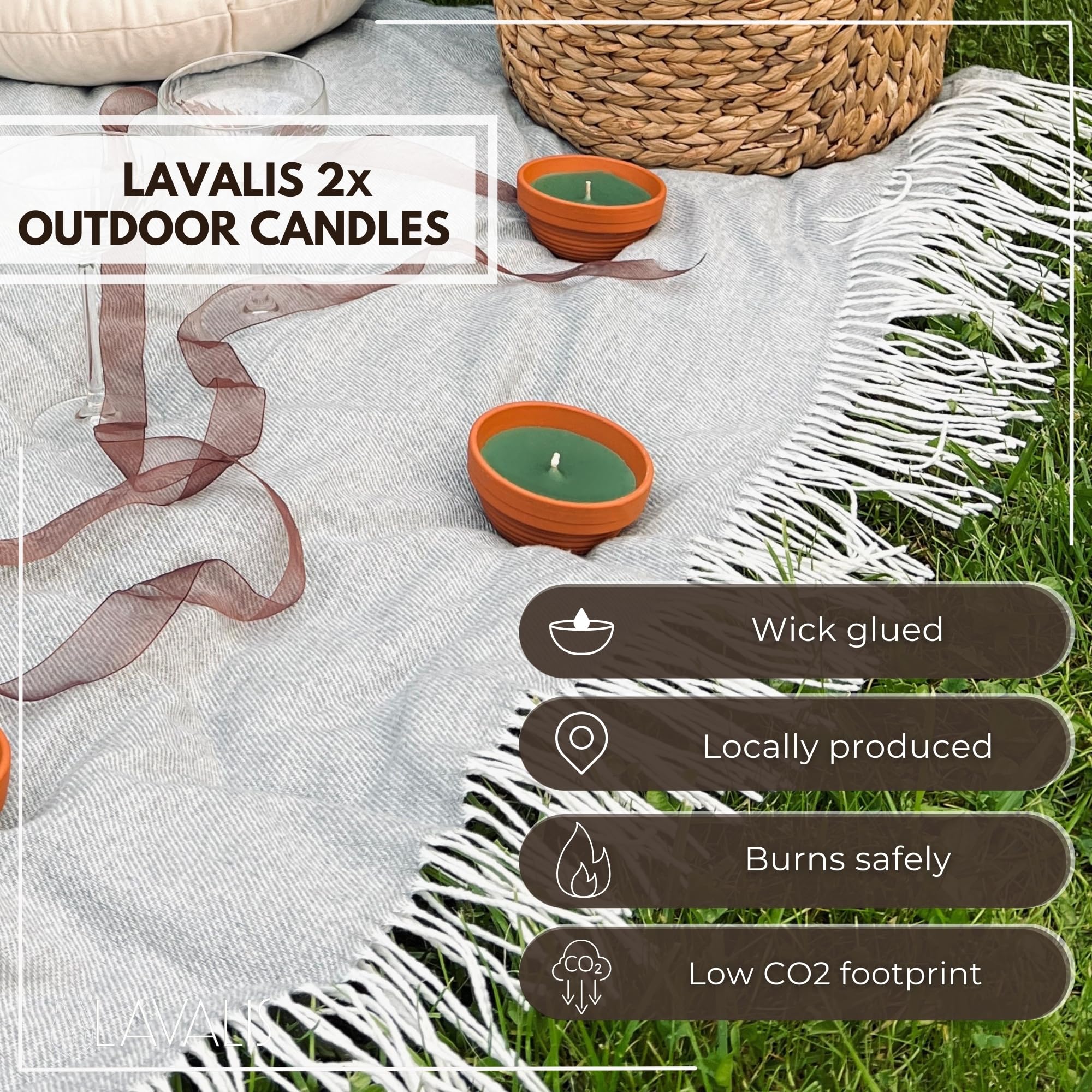 Lavalis 2 x Outdoor Candles, Hand-Filled Terracotta Bowls, 20 Hour Burn Time, 5 cm Flame Height, Recycled Wax, Unscented - Image 4