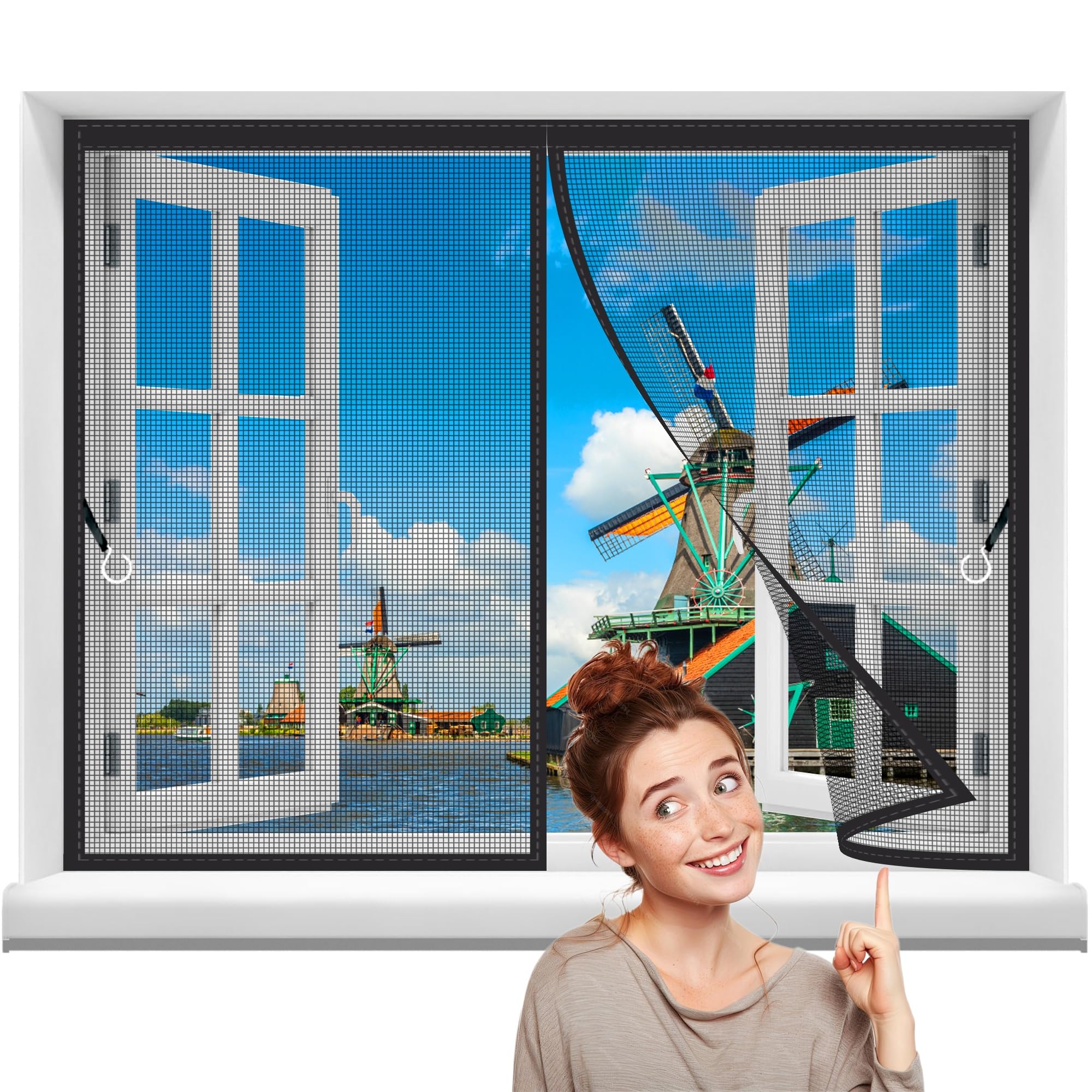 Magnetvorhang Insektenschutz Fenster 270x280cm net mit Klettband Full Frame Klettverschluss faltbar Luft kann frei strömen für Flure/Türen Schwarz