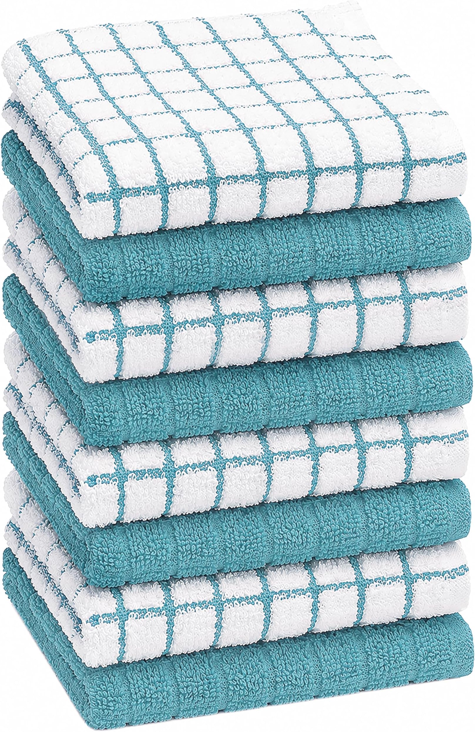 Premium Cotton Dish Cloths (12" x 12") Aqua Check Design | Highly Absorbent with Hanging Loop | Natural Ring Spun Cotton | Kitchen Dish Set | 380 GSM - 8 Pack