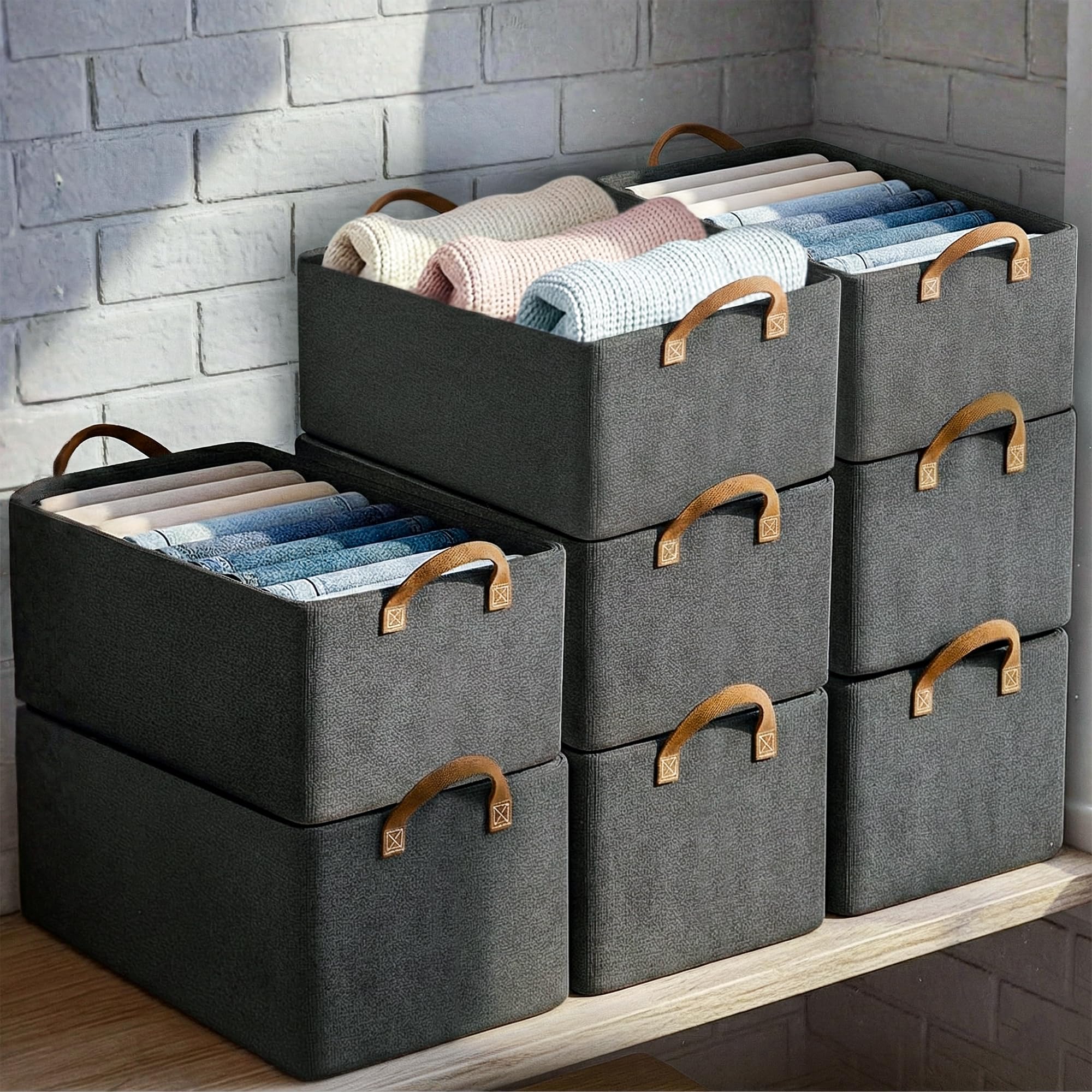 CLAPONE 8 cajas de almacenamiento plegables grandes y organizadoras con marco de metal/organizador de ropa de tela tejida con asa/organizador de armario para almacenamiento/organizador de Almirah para
