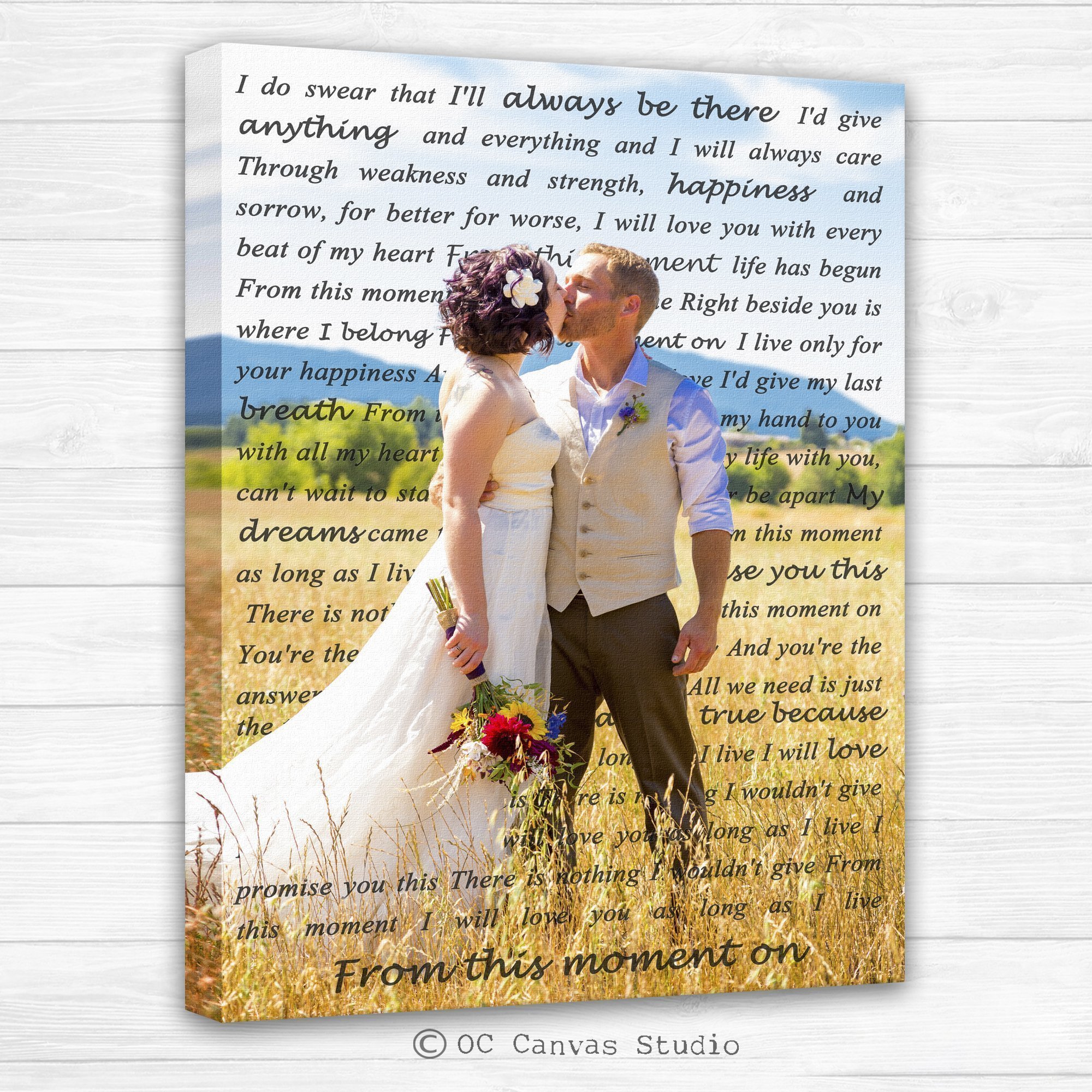 Wedding photo custom print. Personalized Wedding Photo Canvas Print with your First Dance Lyrics, Vows, Poem, Quotes. Personal/Unique Wall Decor.