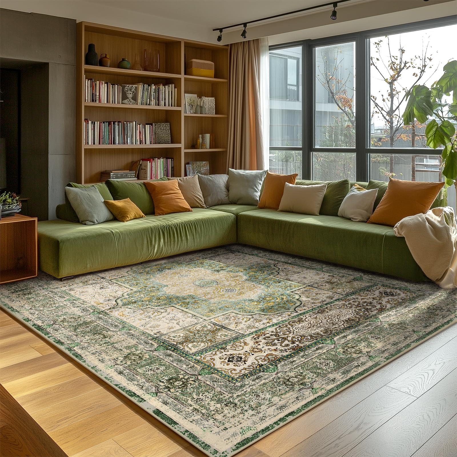 BESTSWEETIE 9x12 Area Rugs Machine Washable No Pile Non Slip Vintage Rugs for Living Room&Bedroom&Dinning Room Bohemian Distressed Carpet Indoor,Green/Teal/Multi