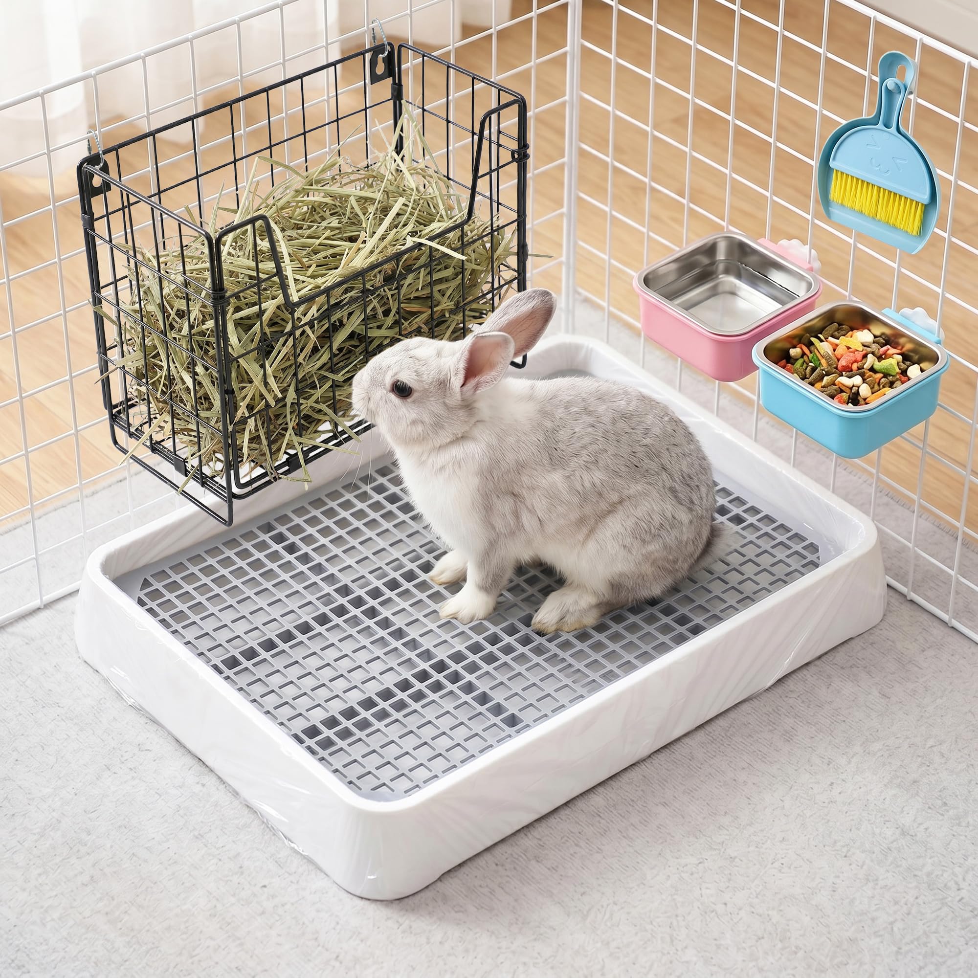 Lettiera per conigli con mangiatoia per fieno, fodera usa e getta per gabbia, in acciaio inox, per piccoli animali domestici, vasino per conigli, porcellini d'India, cincillà, furetto
