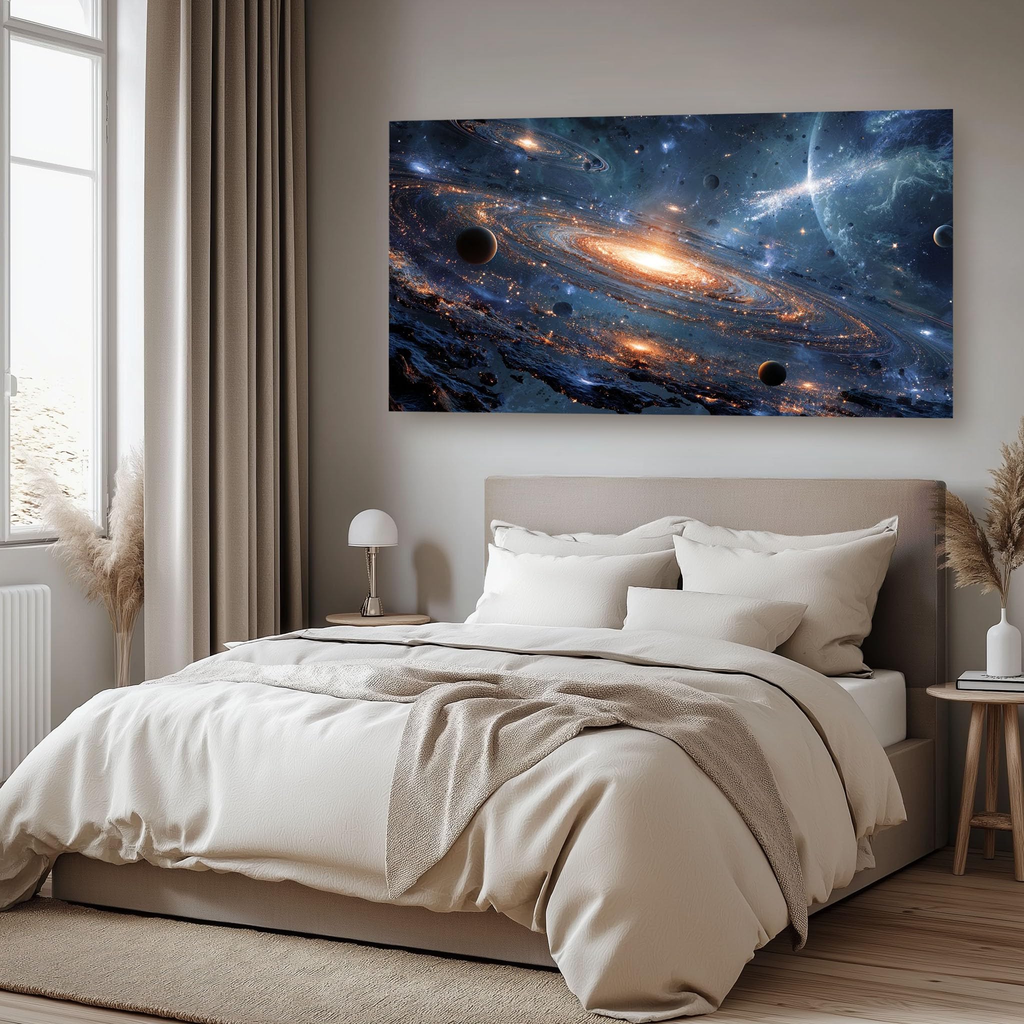Generico Quadro su Tela Universo Fantasy Decorazioni Parete Senza Cornice | Soggiorno Stelle Di Fantascienza Quadri per Cucina e Salotto, Arte da Parete XXL Blu E Oro Quadro Moderno 80x160 cm