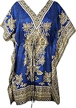 Mogul Interior Womens Summer Caftan Dress, Blue Maternity Holiday Dresses, Short Kaftan Dresses 3XL