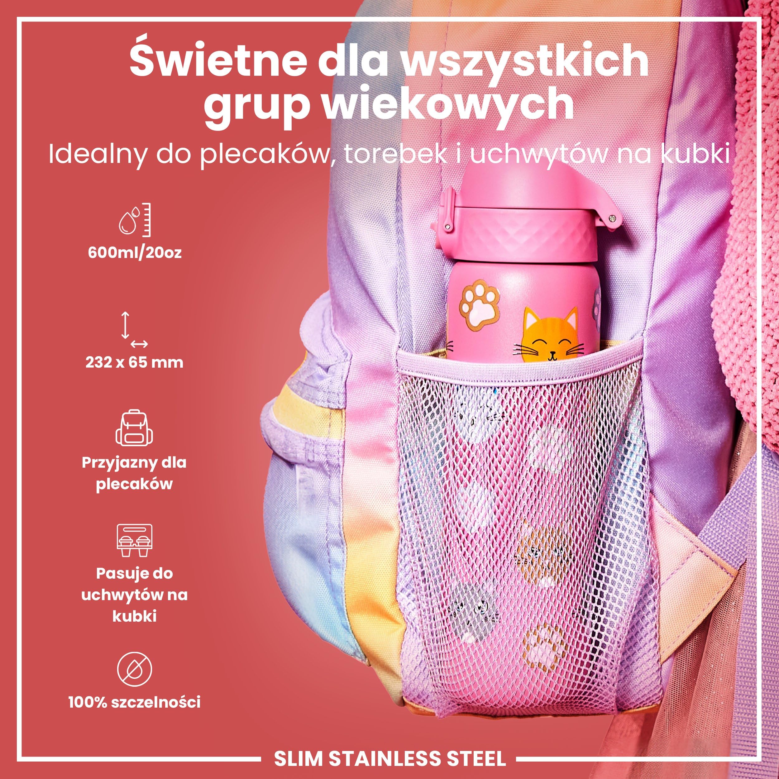 ION8 Butelka na Wodę, 500 ml/18 oz, Szczelna, Łatwe Otwieranie, Bezpieczny Zamek, Można Myć w Zmywarce, Bez BPA, Higieniczne Pokrycie, Uchwyt do Przenoszenia, Łatwa Czyszczenie, Bezwonny, Motyw Koty