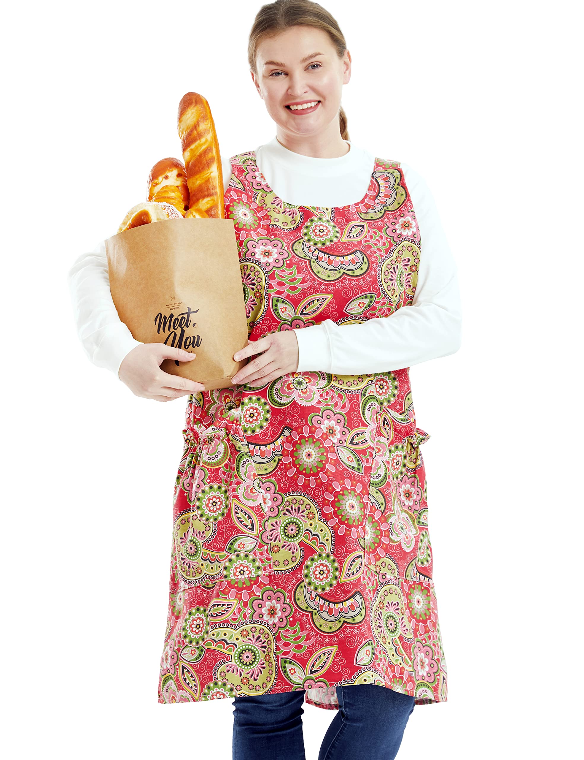 Big Plus Size Aprons for Women with Pockets Cotton Linen Baking Kitchen Cooking, Red Flowers, Large