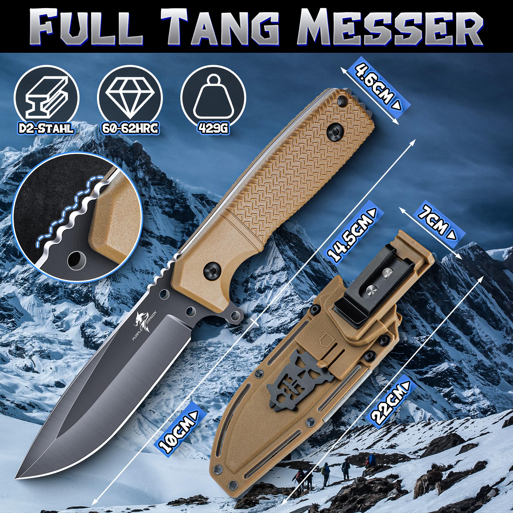 Purple Dragon Khaki Couteau de Survie, Étui Kydex, Acier D2 et Soie Pleine | Couteau à Lame Fixe, Soie Pleine, D2, Manche G10, Étui Kydex, Camping, Bushcraft, Plein Air, Survie, Outdoor, Cadeau Homme