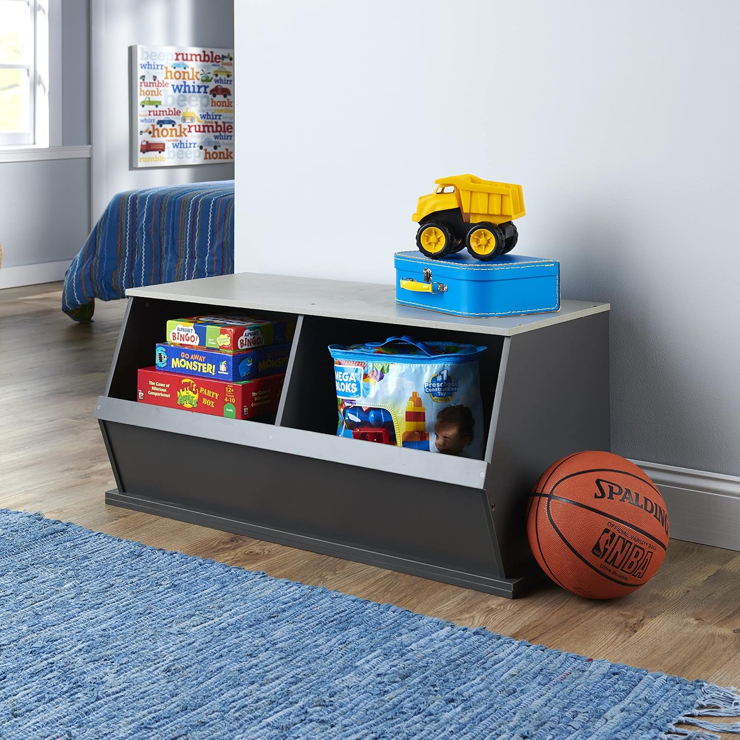 Badger Basket Two Bin Stackable Toy Storage Cubby Organizer for Kids, Playroom, Bedroom, or Nursery – Wooden Toy Chest and Book Storage Unit – Charcoal/Gray Woodgrain