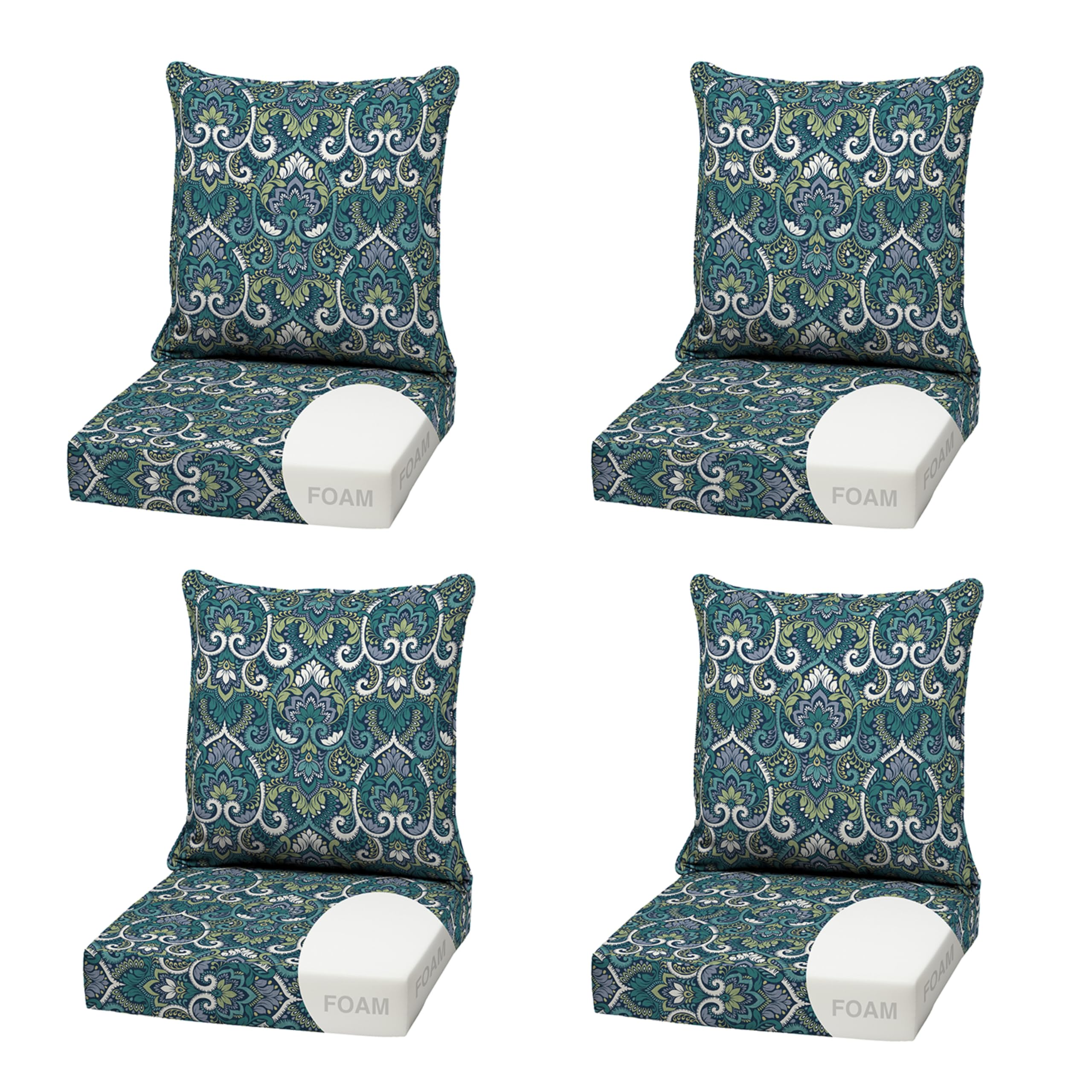 Arden Outdoor Deep Seat Cushion Set, Foam, 4-Pack, 22x24, Blue Damask