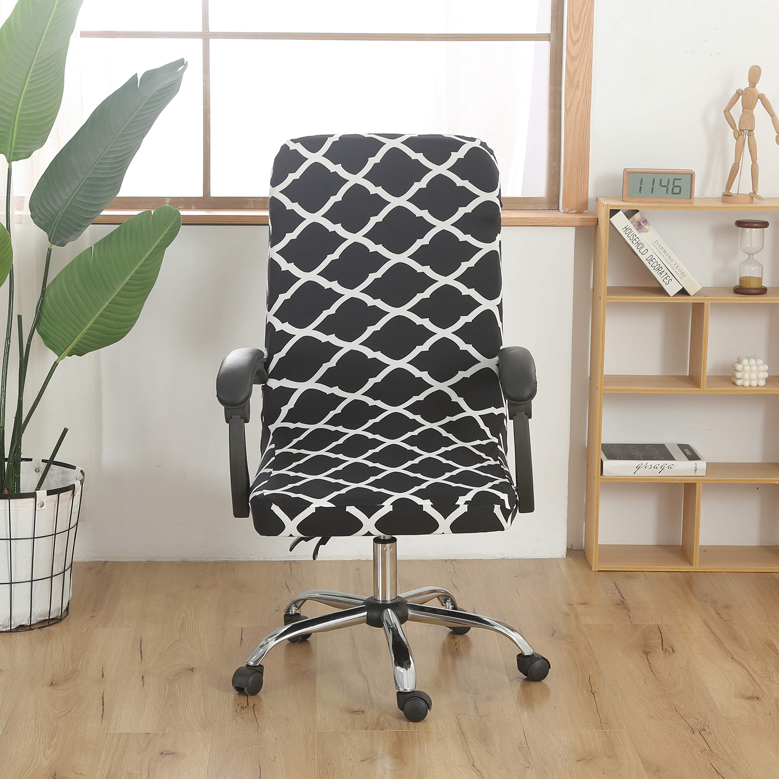 MIFXIN Office Chair Cover 1-Piece Stretch Large Size Computer Swivel Chair Slipcover Universal Office Boss Chair Large High Back Rotating Armchair Protective Decorative Cover (Black & White - BT02)