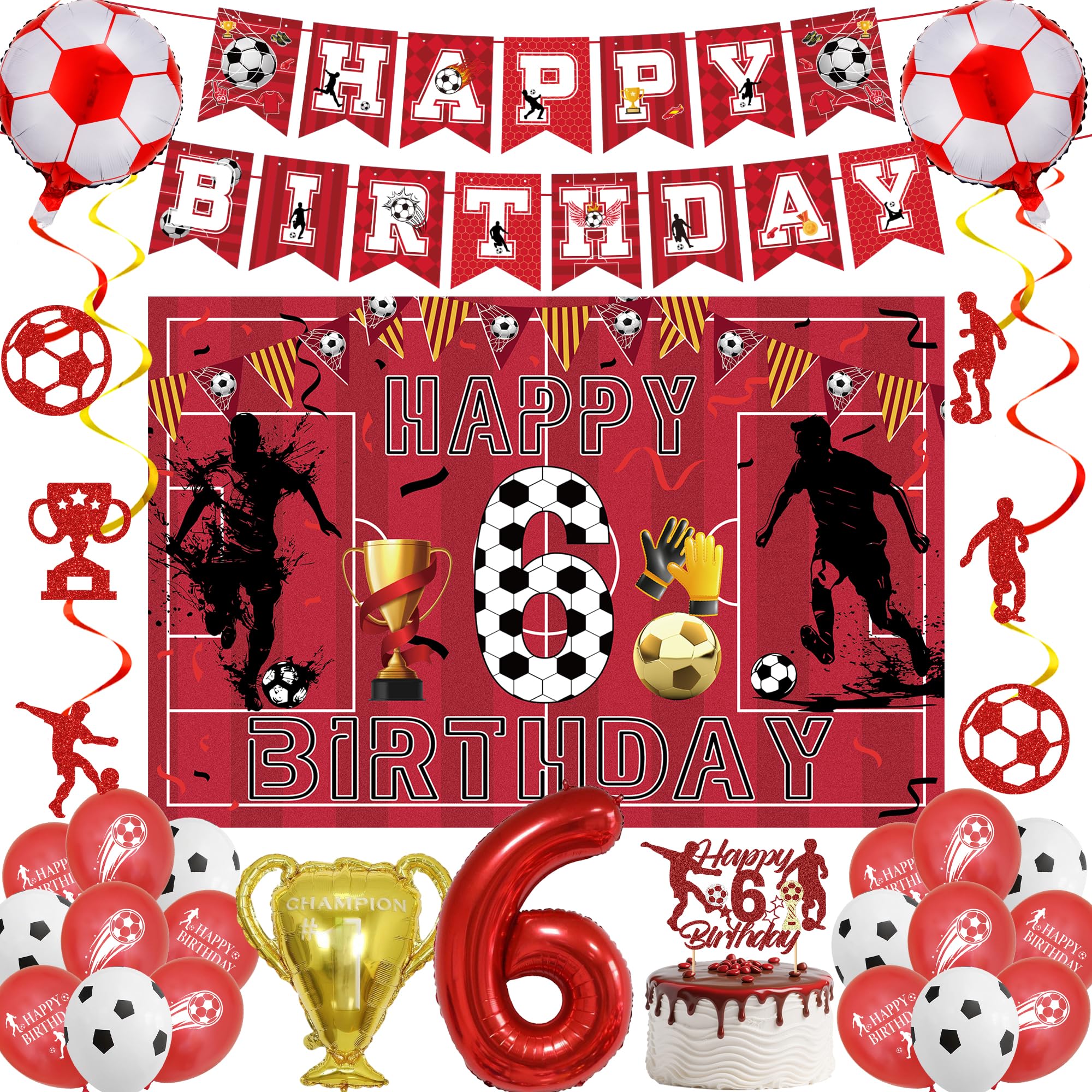 LPPIIUSSU Football 6th Birthday Party Decorations - 32 Pcs Red Soccer Party Happy Birthday Banner Hanging Swirls Backdrop Latex Foil Balloons For Fans Sports Theme 6 Years Old Party Supplies