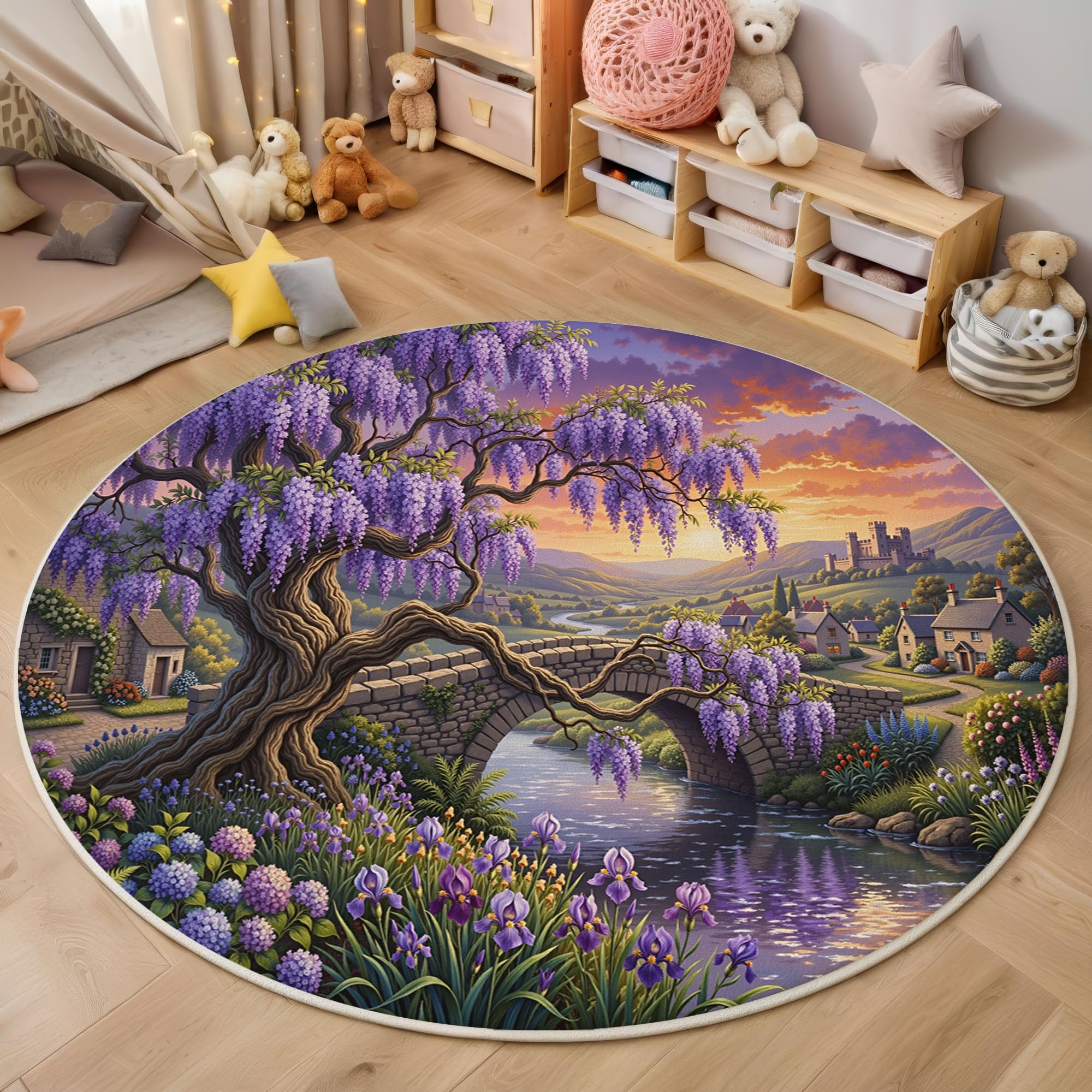 Tapis rond glycines et rivière violet de 200cm lavable et antidérapant pour le salon