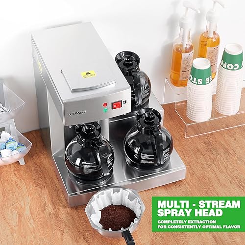 Miniatura 6 de Cafetera comercial de 12 tazas, cafetera de goteo de llenado manual con 3 jarras de vidrio, 3 calentadores, cafetera de acero inoxidable con