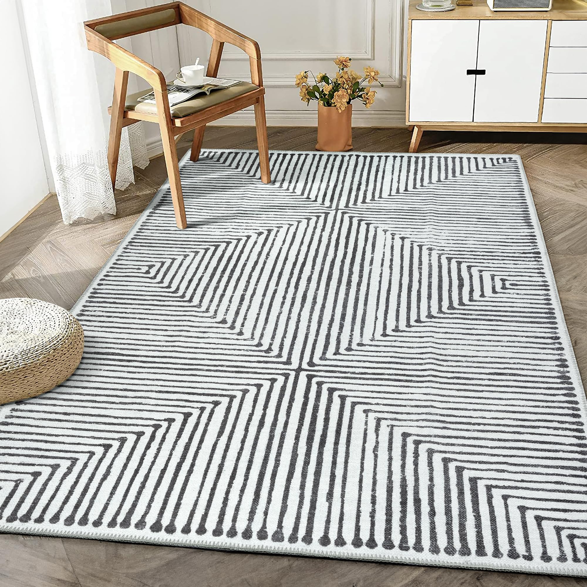 Bloom Rugs Washable Non-Slip 4' x 6' Rug - Black/Ivory Striped Area Rug for Living Room, Bedroom, Dining Room, and Kitchen - Exact Size: 4' x 6'