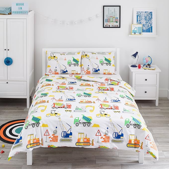 Bloomsbury Mill Construction Vehicles Trucks, Diggers & Cranes Kids Bedding Set Double