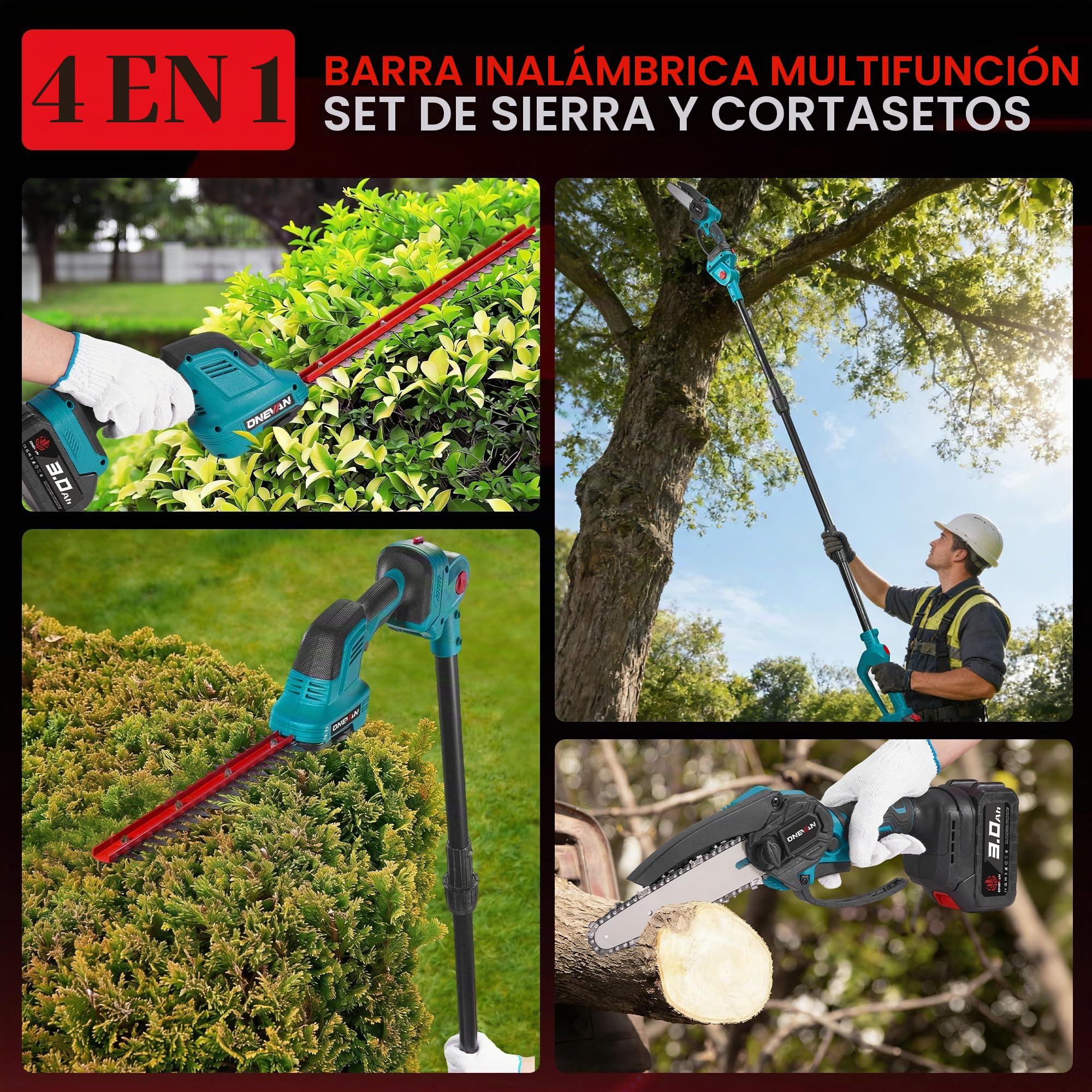 ONEVAN Cortasetos Telescópic & Motosierra Batería, 4 en 1, giratoria 180° | 2 baterías de 3,0Ah, pértiga extensible de 2,25m, motosierra de 6" y cortasetos de 30cm, sin escobillas, para poda en altura