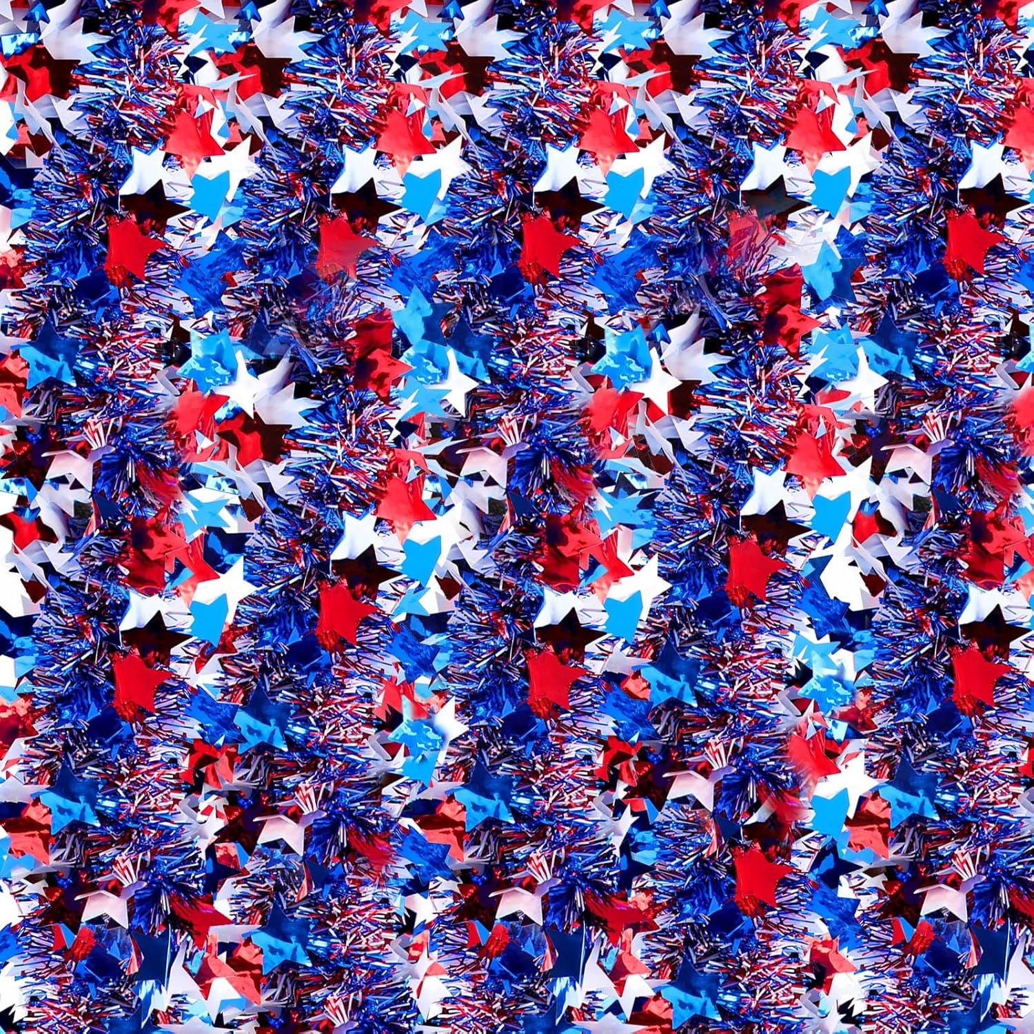 Riceshoot 131.23ft 4th of July Decorations Patriotic Red White and Blue Tinsel Garland 4th of July Metallic Star Hanging Twist Tinsel for 250th Anniversary Independence Day Decoration