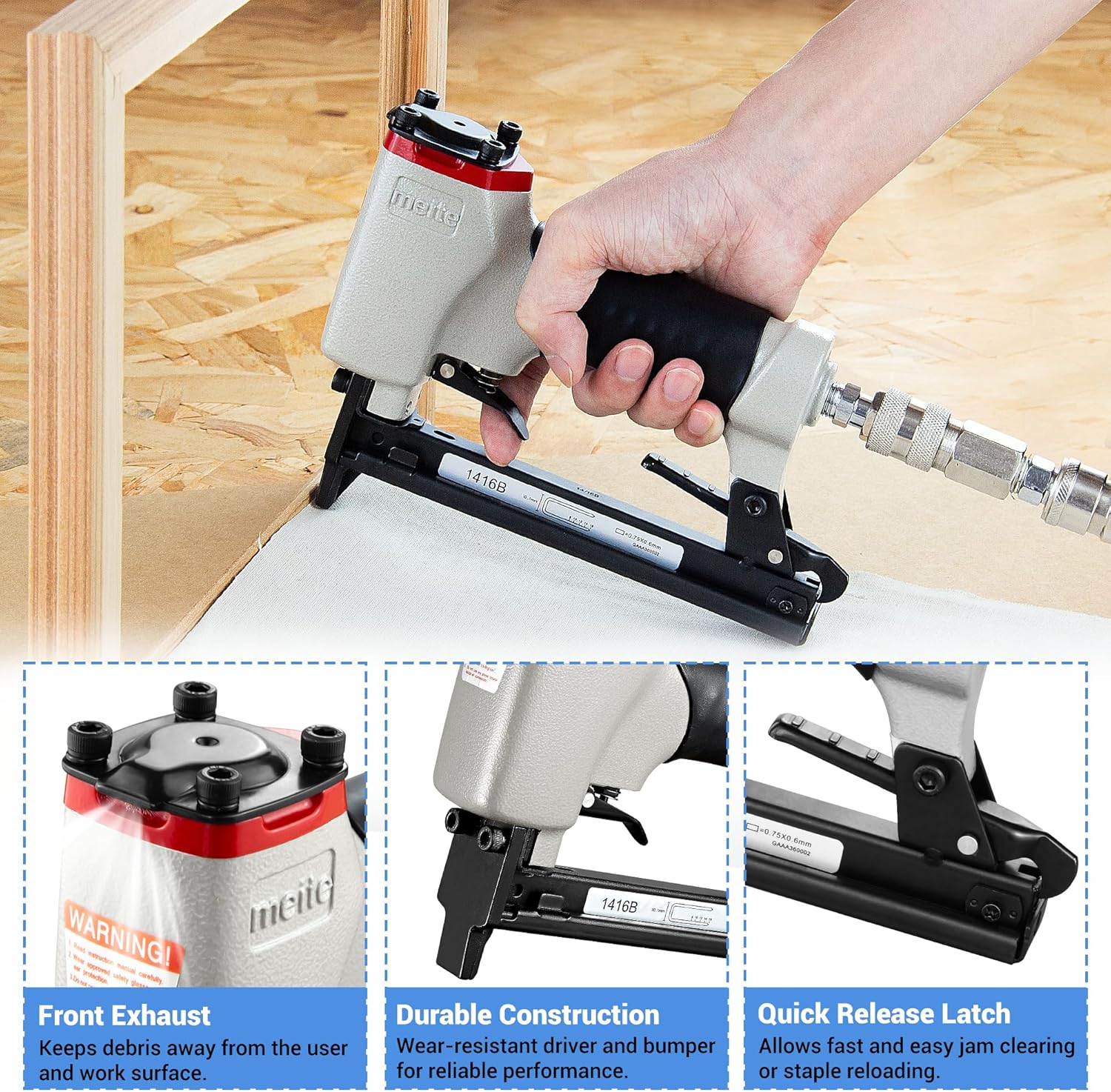 meite 1416B Pneumatic Staple Gun, Upholstery Stapler for 22 Gauge 13/32-Inch (10.1 mm) Crown 5/16" to 5/8" Length Staples, Heavy-Duty Air Staple Gun for Wood, Upholstery, Carpentry, and DIY Projects
