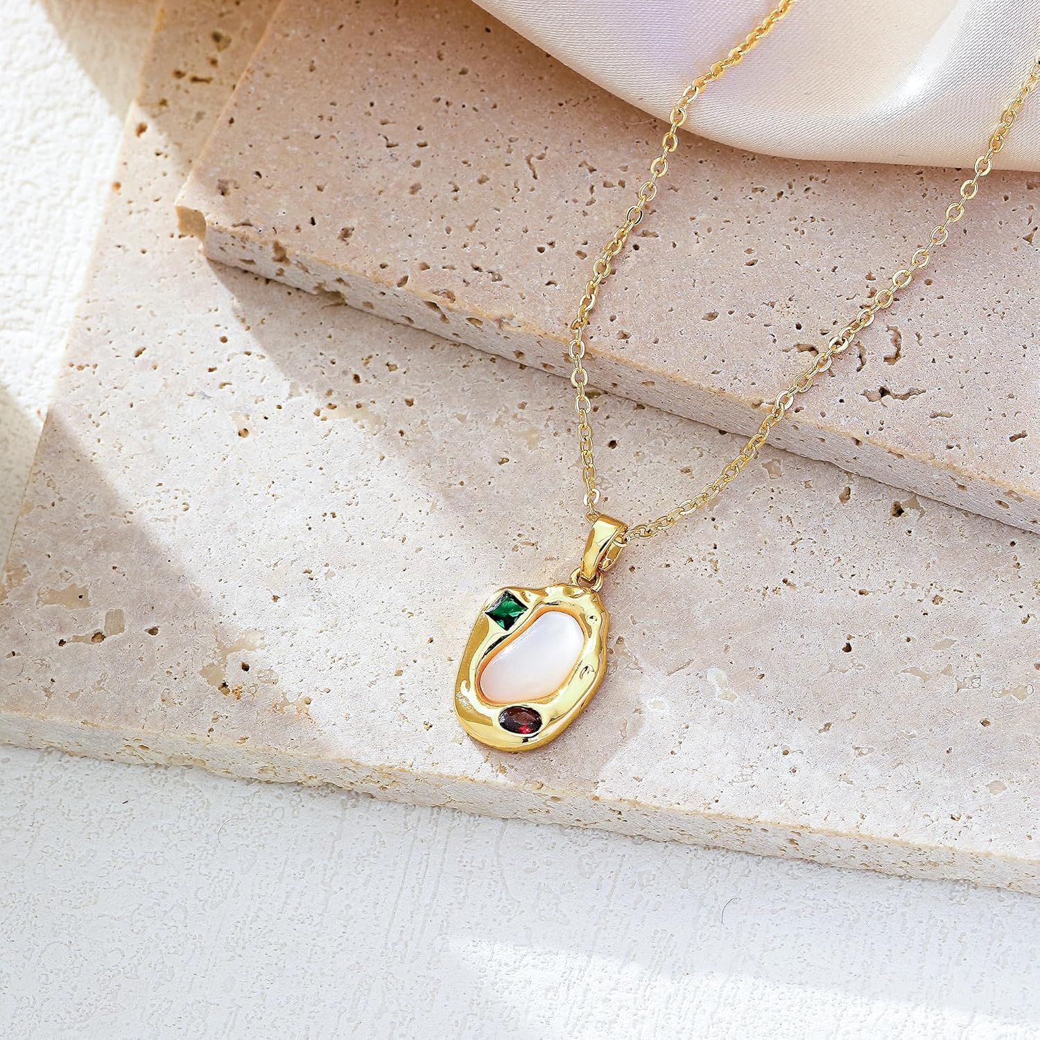 SIXFOX 14K Gold Plated Necklaces For Women Long Dainty Baroque/Block/Seashell/Green Leaf/Moon Pendant Necklaces Hypoallergenic Trendy Jewelry Gifts For Her - Image 2