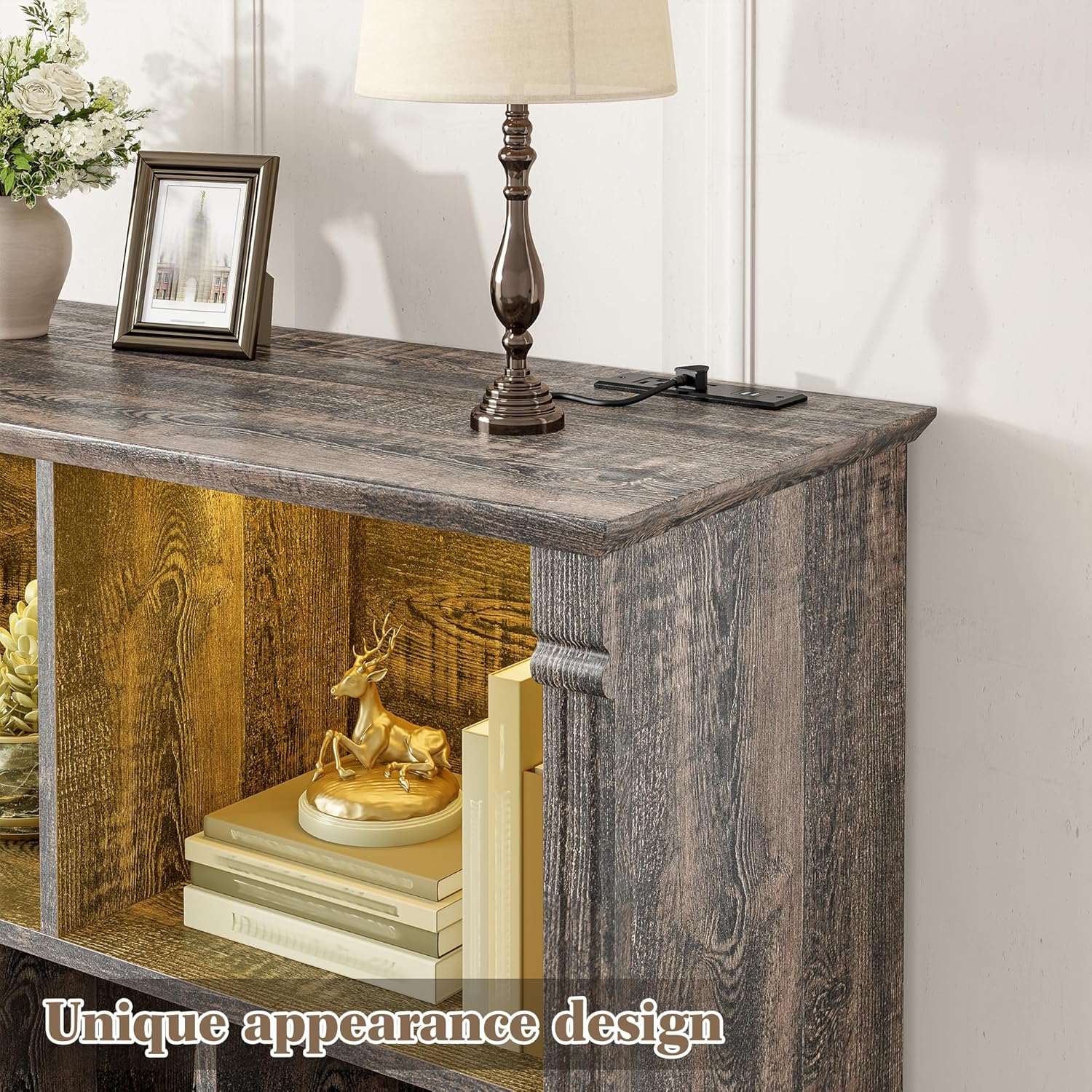 EnHomee 7 Cube Bookshelf Cubby Storage Organizer with LED Lights and Charging Station, Wood Shelf Display Cabinet for Bedroom, Living Room, Office Black Oak