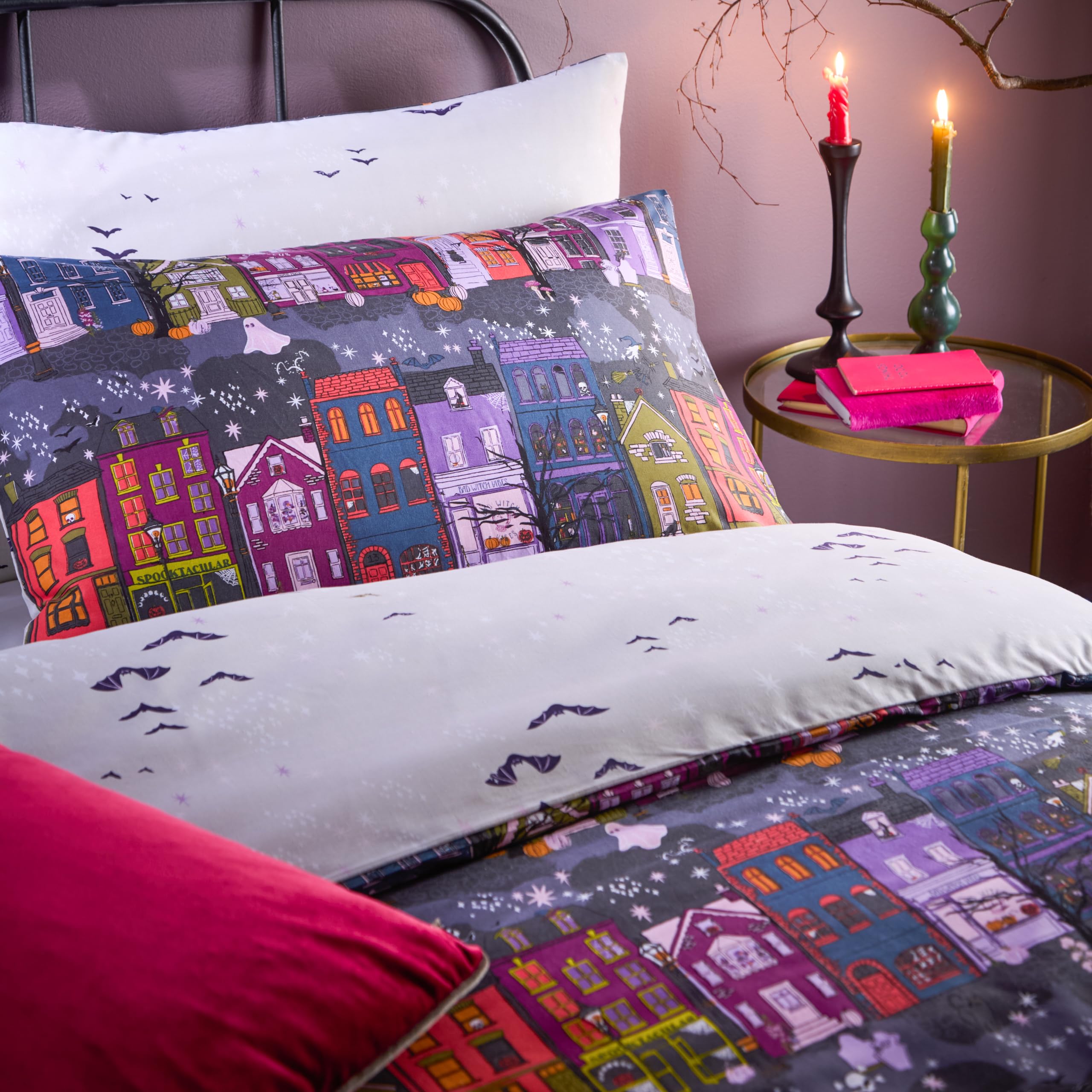 furn. Creepy Town Reversible Duvet Cover Set - Halloween Bedding (Charcoal - King U.K. Standard), King (U.K. Standard) - Image 2