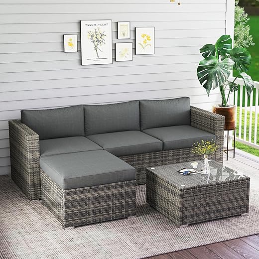 Wisteria Lane 5-Pieces Outdoor Patio Furniture Set, All Weather Wicker Rattan Sectional Sofa, Patio Conversation Set with Cushions & Glass Coffee Table for Backyard Porch Garden Balcony, Grey
