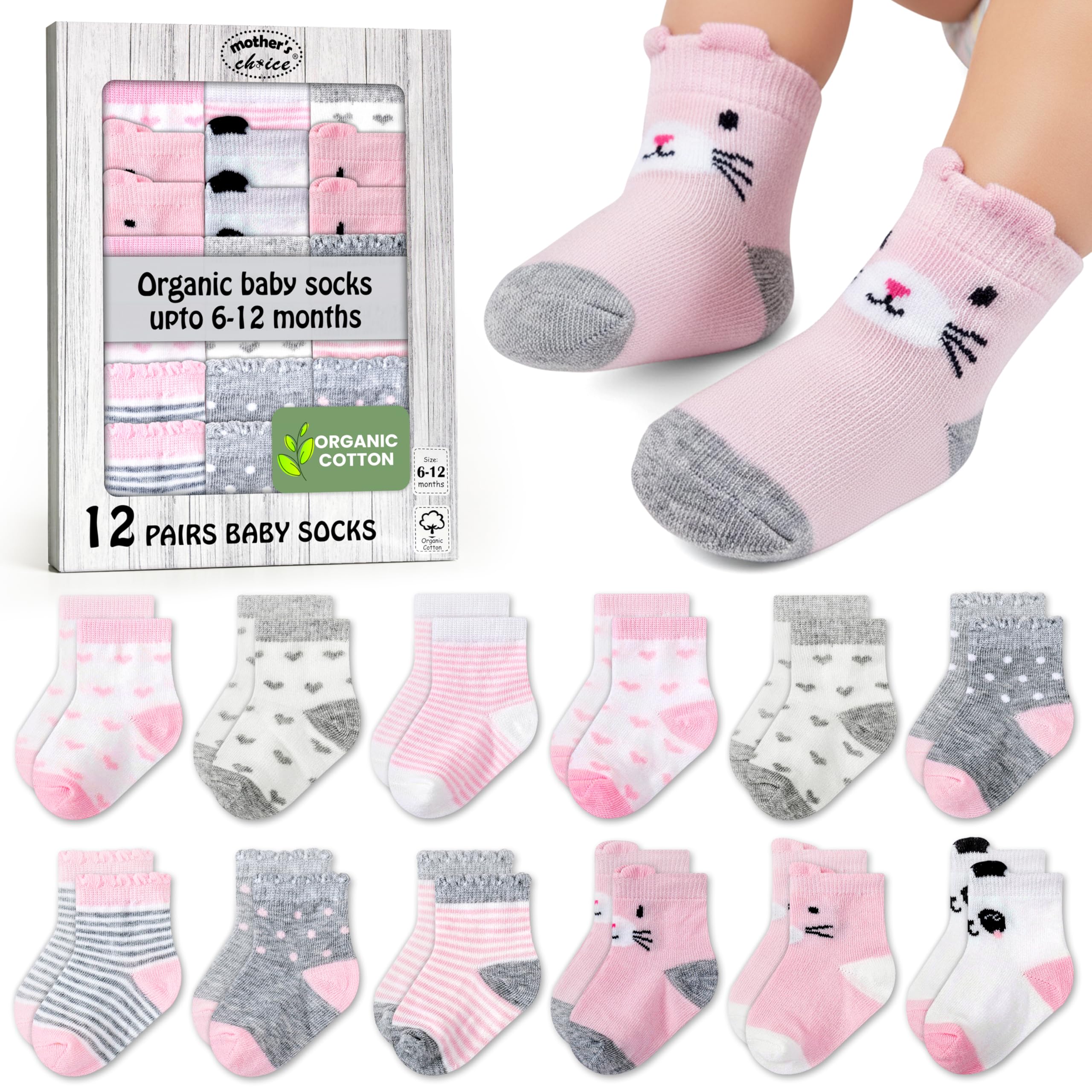 Mother's Choice Baby Socks 0-6 Months - 12 Pairs, Organic Cotton Infant Socks, Unisex, Soft & Hypoallergenic Newborn Socks (UK, Age, 6 Months, 12 Months, Pink With Animal Design)