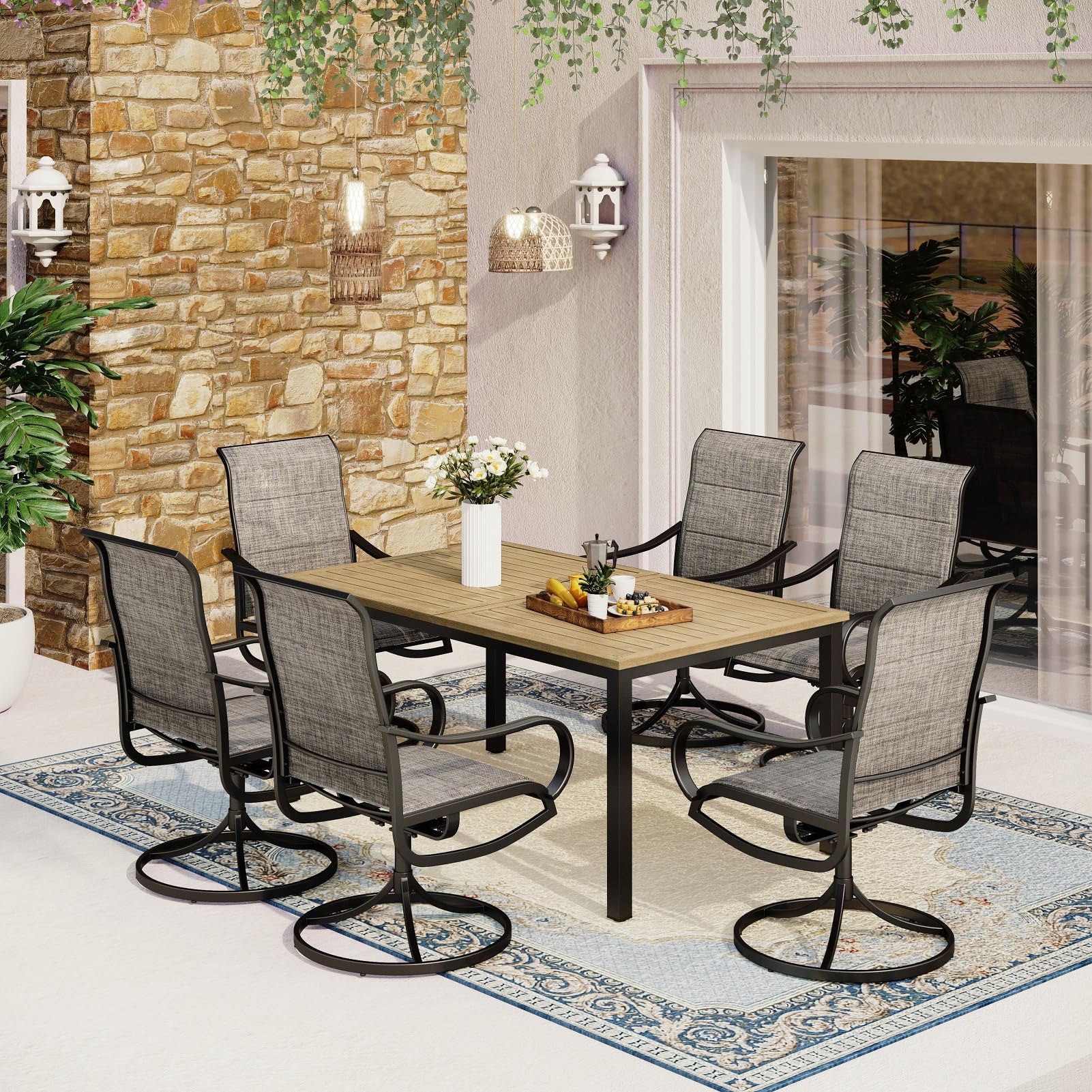 MFSTUDIO Patio Dining Set for 6, Patio Table and Chairs Set with Umbrella Hole, 7 Piece Outdoor Dining Set for Deck Backyard Garden