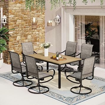MFSTUDIO Patio Dining Set for 6 w/Wood-Grain Metal Table & Swivel Chairs | Padded textilene, Ergonomic high back, Rectangular table, Umbrella hole, Weather-reistant, Outdoor deck garden backyard