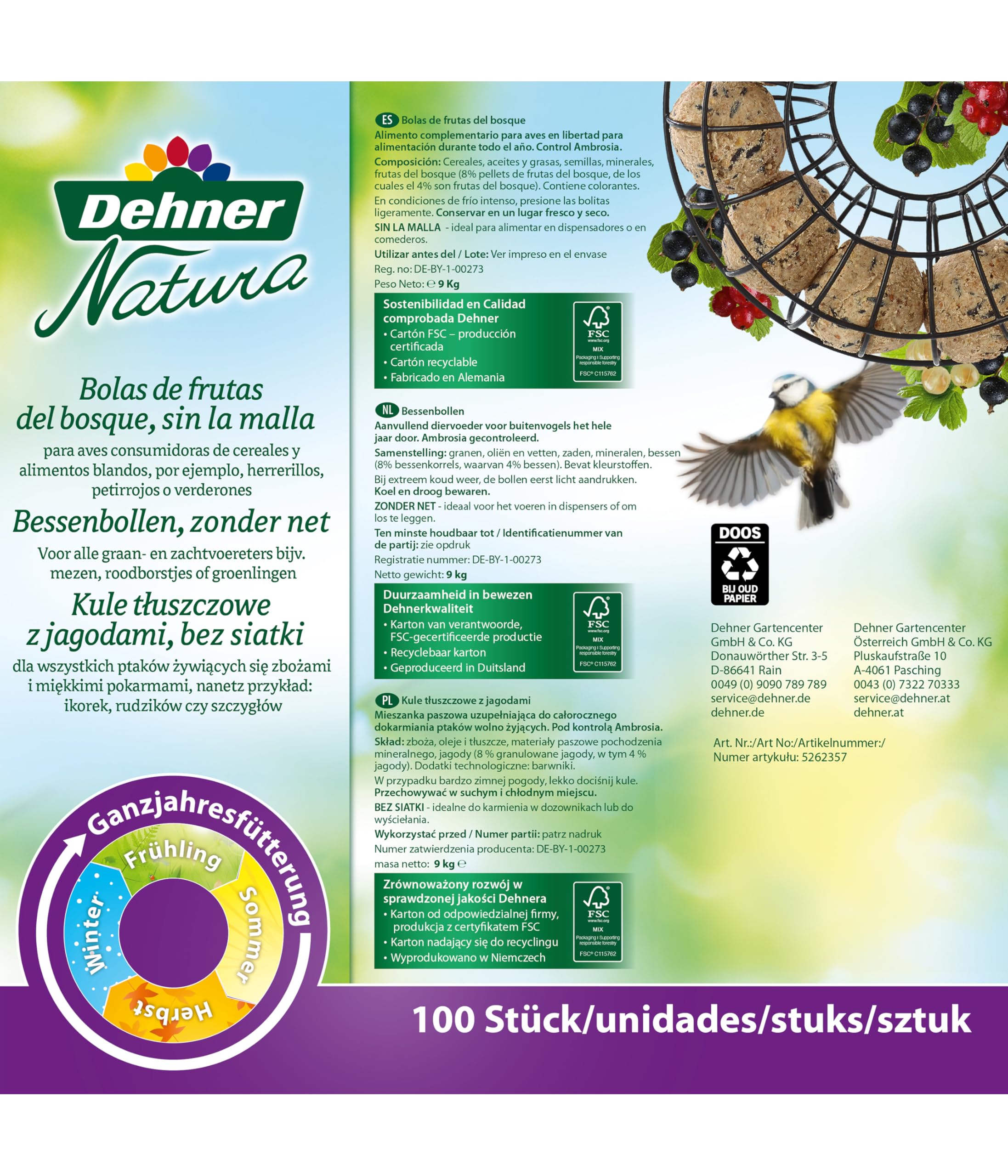 Dehner Natura Premium albóndigas de Grasa con Red, de Bayas, ricas en proteínas y energía, para Aves Silvestres Todo el año, 100 Piezas de 90g (9kg), Caja certificada FSC