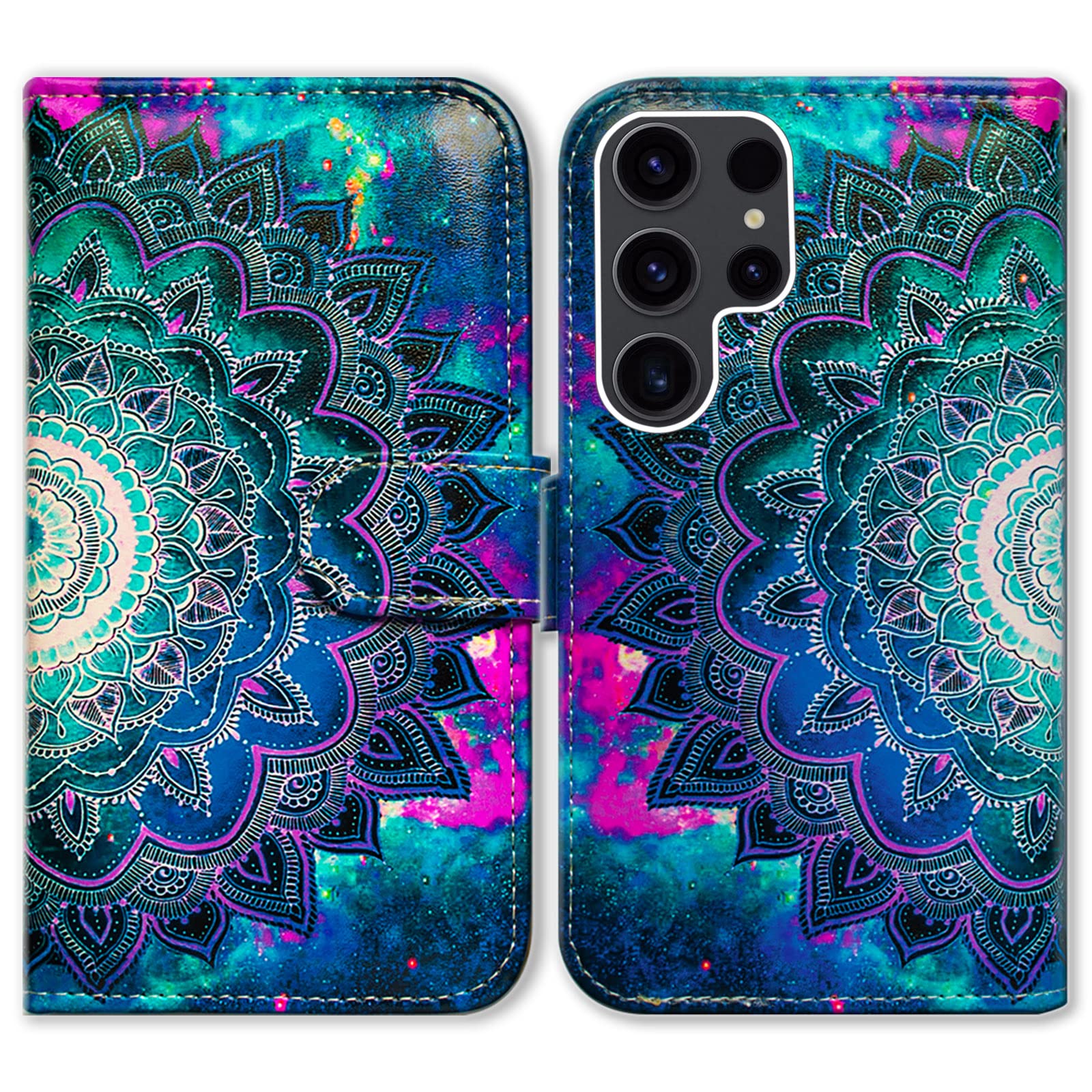 Bcov Case for Galaxy S23 Ultra, Mandala Flower Space Leather Flip Phone Case Wallet Cover with Card Slot Holder Kickstand for Samsung Galaxy S23 Ultra