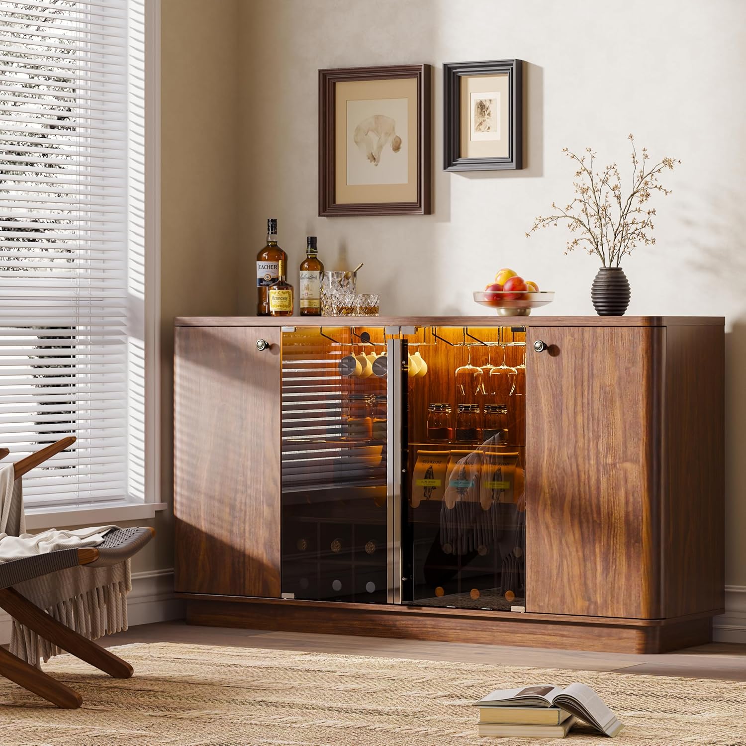 Coffee Bar Cabinet with LED Light & Glass Doors, 60" Wine Liquor Cabinet with Wine Rack & Glass Holder & Adjustable Shelves, Coffee Station Sideboard Buffet Cabinet for Living Room Kitchen