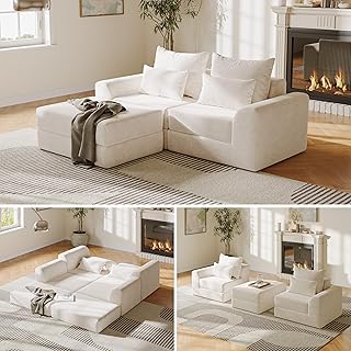 Modular loveseat with Ottoman, L-Shape Boneless Couch, Customizable Sectional Couch, Free Combination Design Sleeper Sofa, Cloud Mist