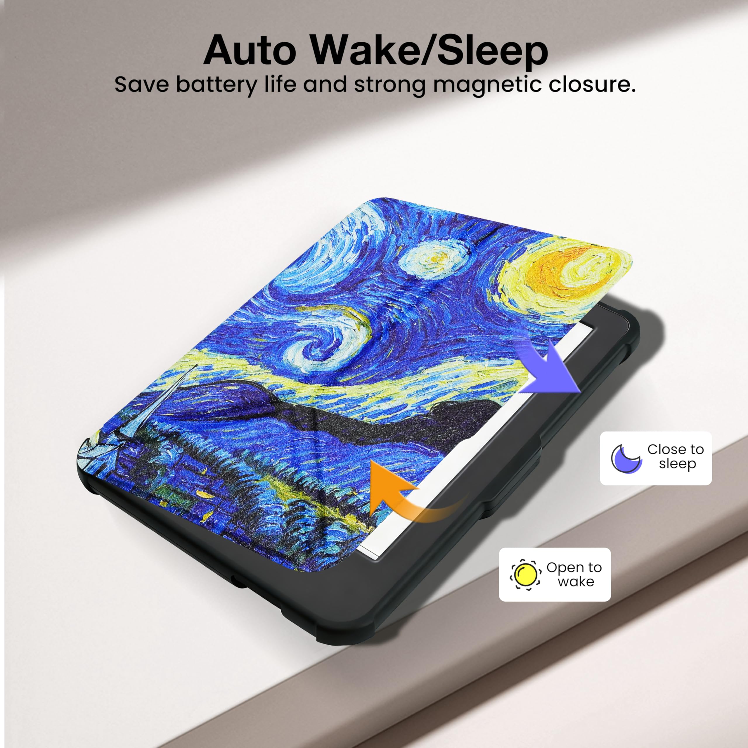 Case for 6" Kobo Clara Colour/BW/2E Ereader, Includes a Screen Protector - 6 Inch Premium PU Leather Cover with Auto Sleep/Wake (Starry Night, 6 icnh) — view 3