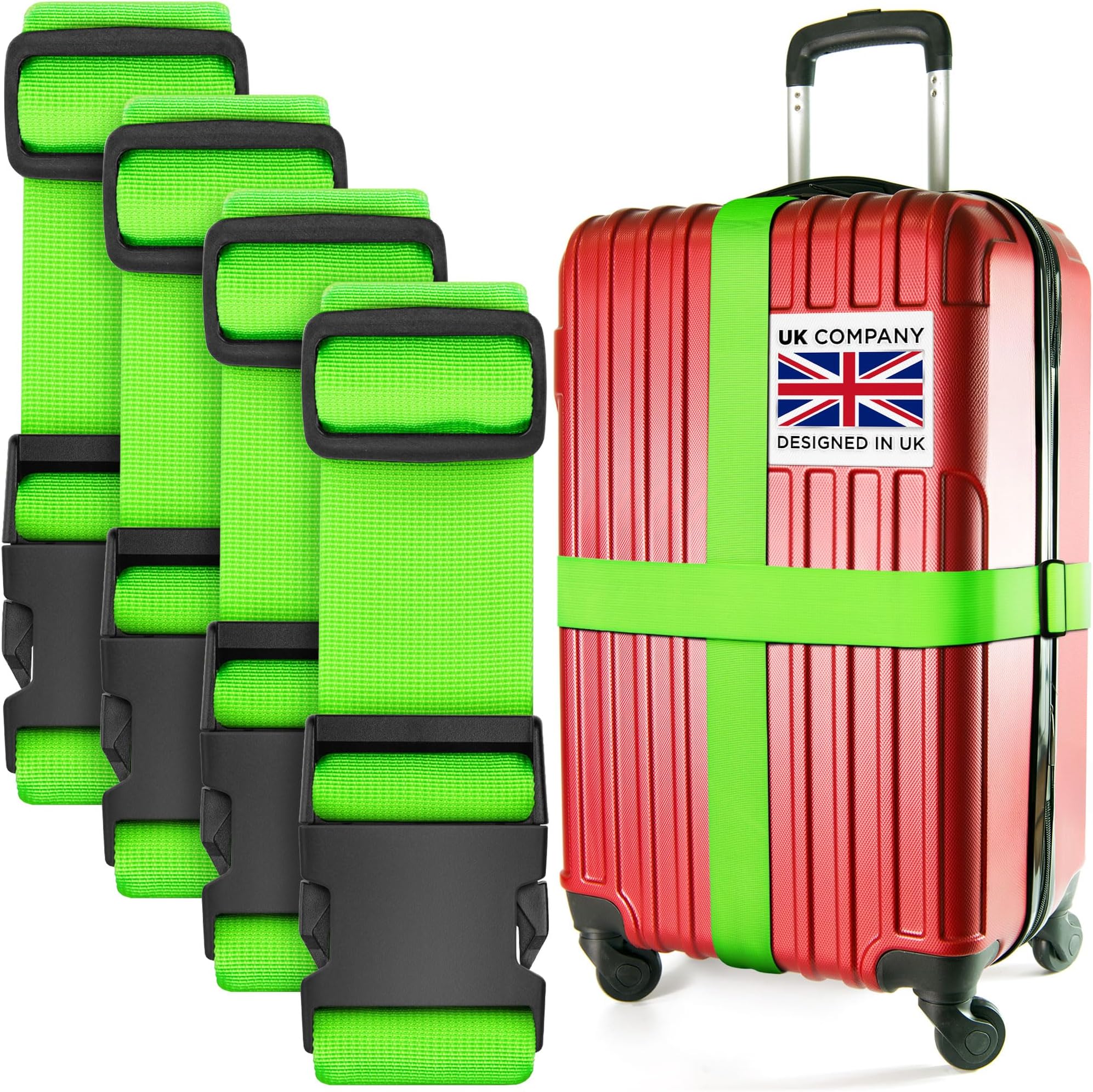 Luggage Straps for Suitcase - Neon Green, 1.9m x 5cm, 4 Pack - Strap for Suitcases - TSA Approved by BlueCosto