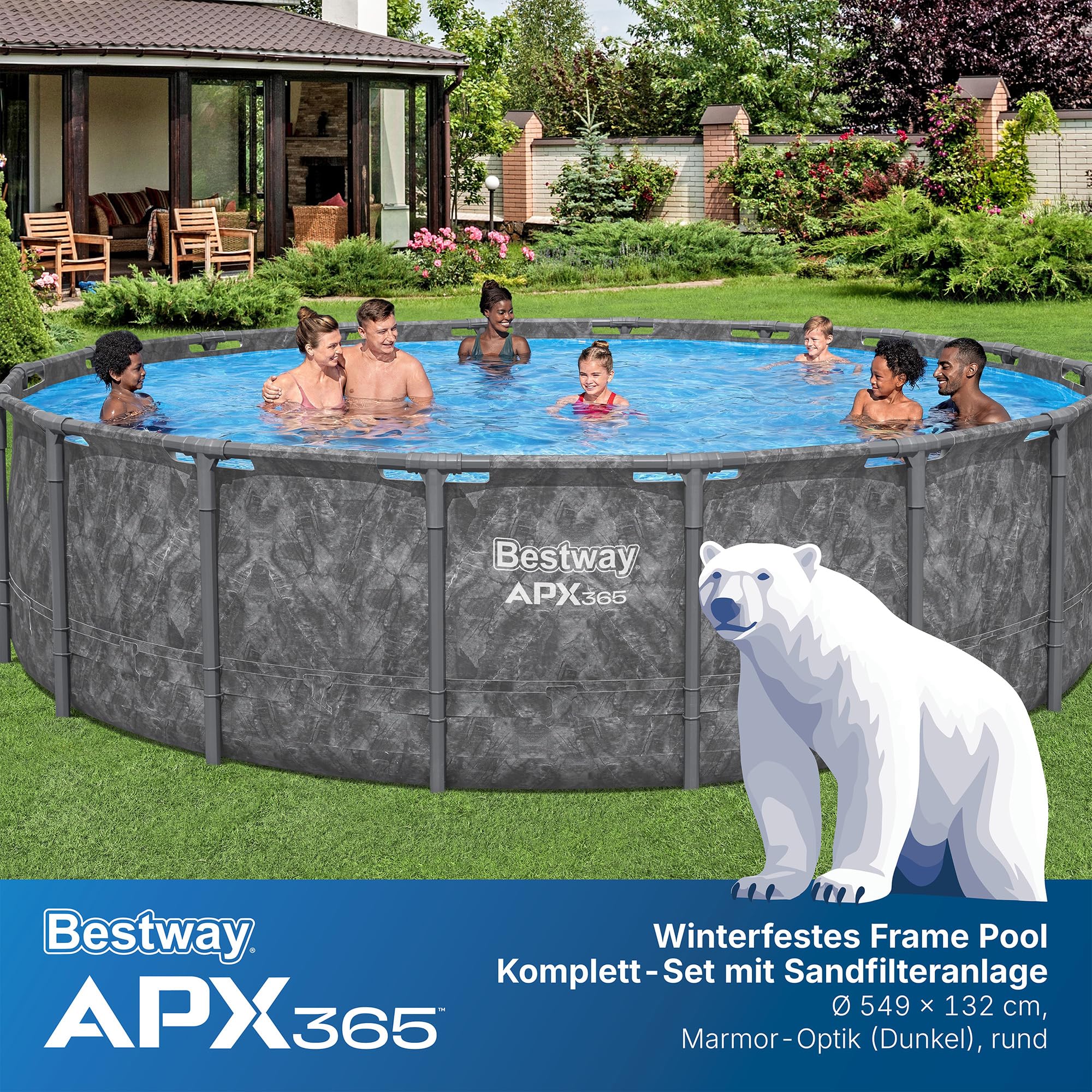 Bestway APX365 Winterfestes Frame Pool Set, Ø 549 x 132 cm, 26.000 L, Sandfilteranlage, Marmor-Optik, Ganzjahresschutz, Kein Abbau nötig, Werkzeugloser Aufbau, Sicherheitsleiter, Abdeckplane