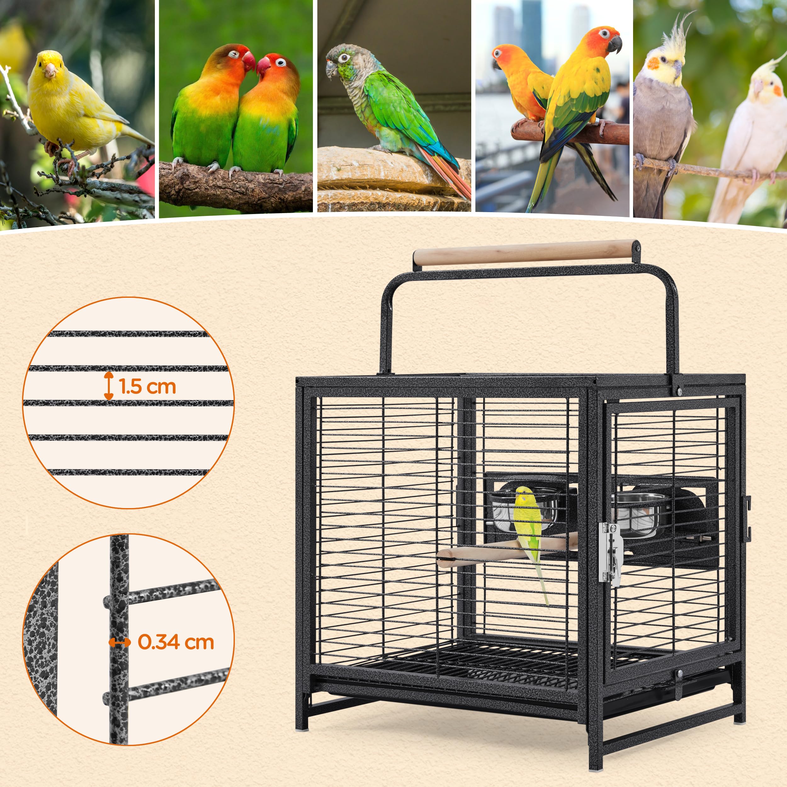 Yaheetech Cage à Oiseaux avec Jouets Poignée Cage pour Petit Oiseau Noir 48,5 x 47,5 x 39cm