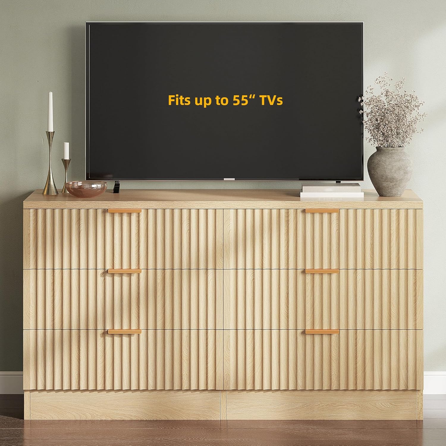 DWVO Fluted 6 Drawer Dressers, 47.5" Wide Modern Chest of Drawers, Wooden Dresser with Metal Handle, Versatile TV Stand Cabinet Table for Bedroom, Closet, Living Room, Hallway, Natural - Image 6