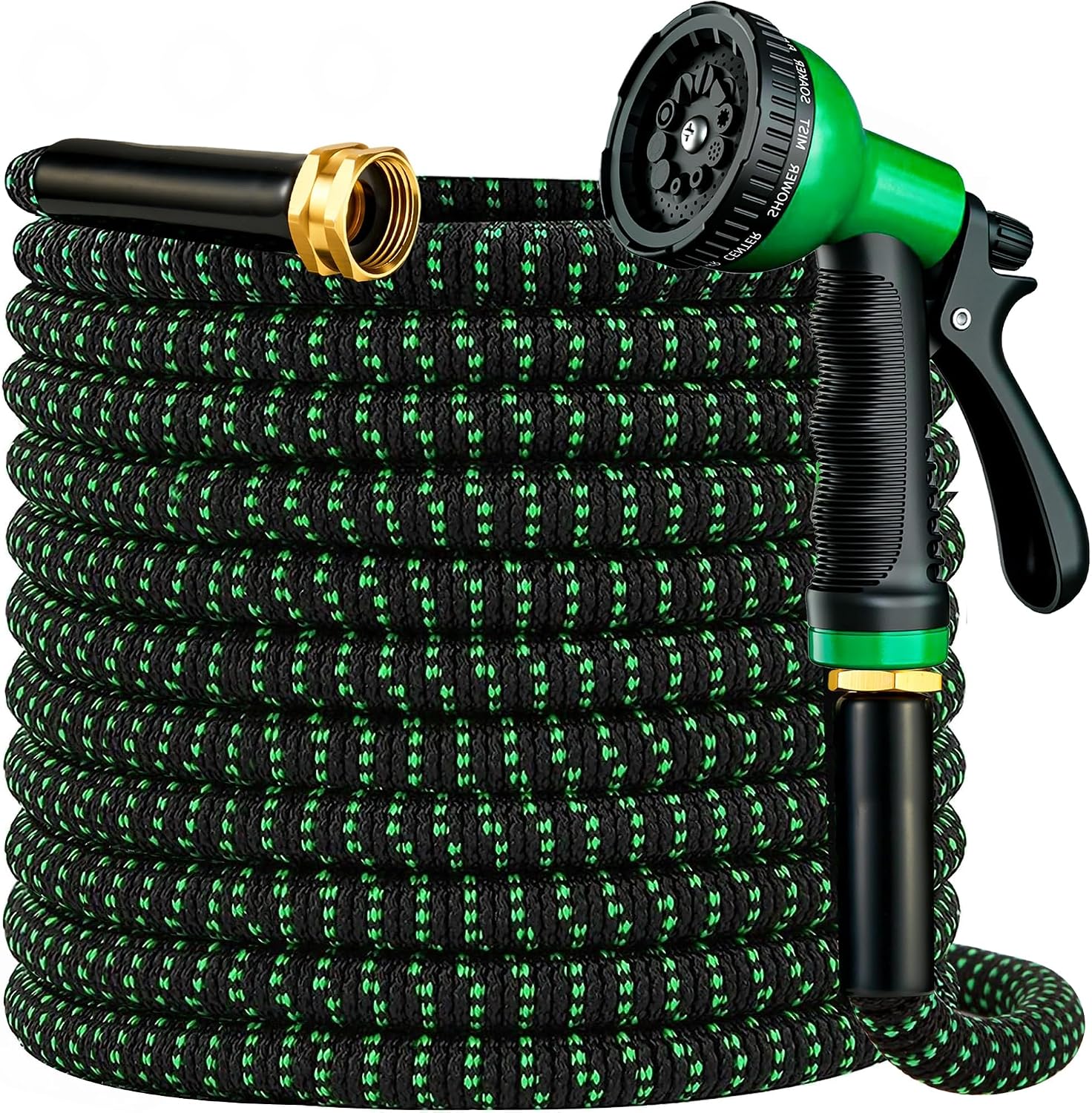 Expandable Garden Hose 100 ft with 10 Function Spray Nozzle, Flexible, Kink Free, Leak-Proof, Ultra Lightweight Retractable Stretch Water Hose 100ft for Yard, Lawn, Car Wash and Outdoor (Black Green)