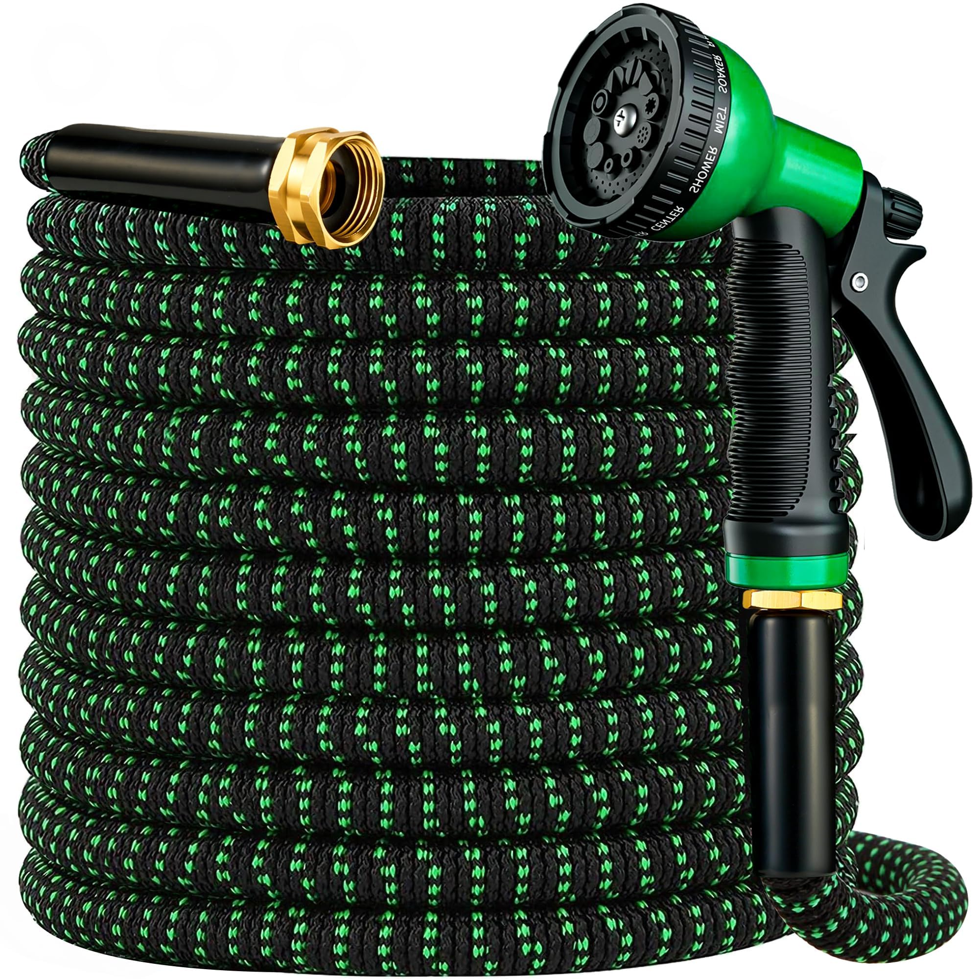 Expandable Garden Hose 100 ft with 10 Function Spray Nozzle, Flexible, Kink Free, Leak-Proof, Ultra Lightweight Retractable Stretch Water Hose 100ft for Yard, Lawn, Car Wash and Outdoor (Black Green)