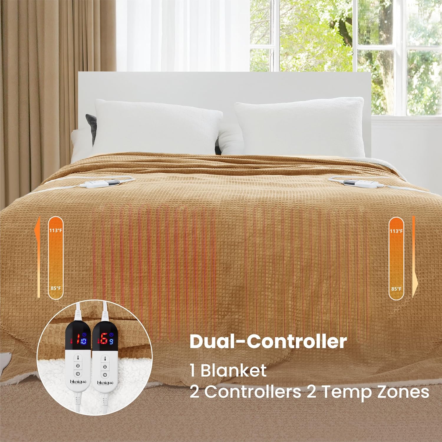 Heated Blanket Electric Blanket Queen Waffle, 84x90 Inches Dual Controllers Sherpa Fleece Fast Heating Blanket 6 Heating Levels & 10 Hours Auto Off ETL Certification, Caramel Queen - Image 3