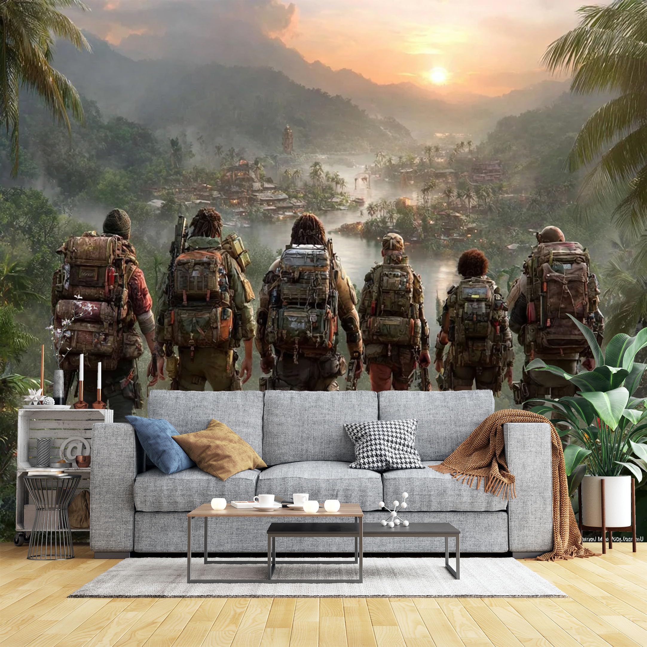 Custom Size Wall Murals Soldiers Overlooking Tropical Village Wall Murals Tactical Scenery Wallpaper, HD Self-Adhesive Removable Wallpaper for Gaming Room