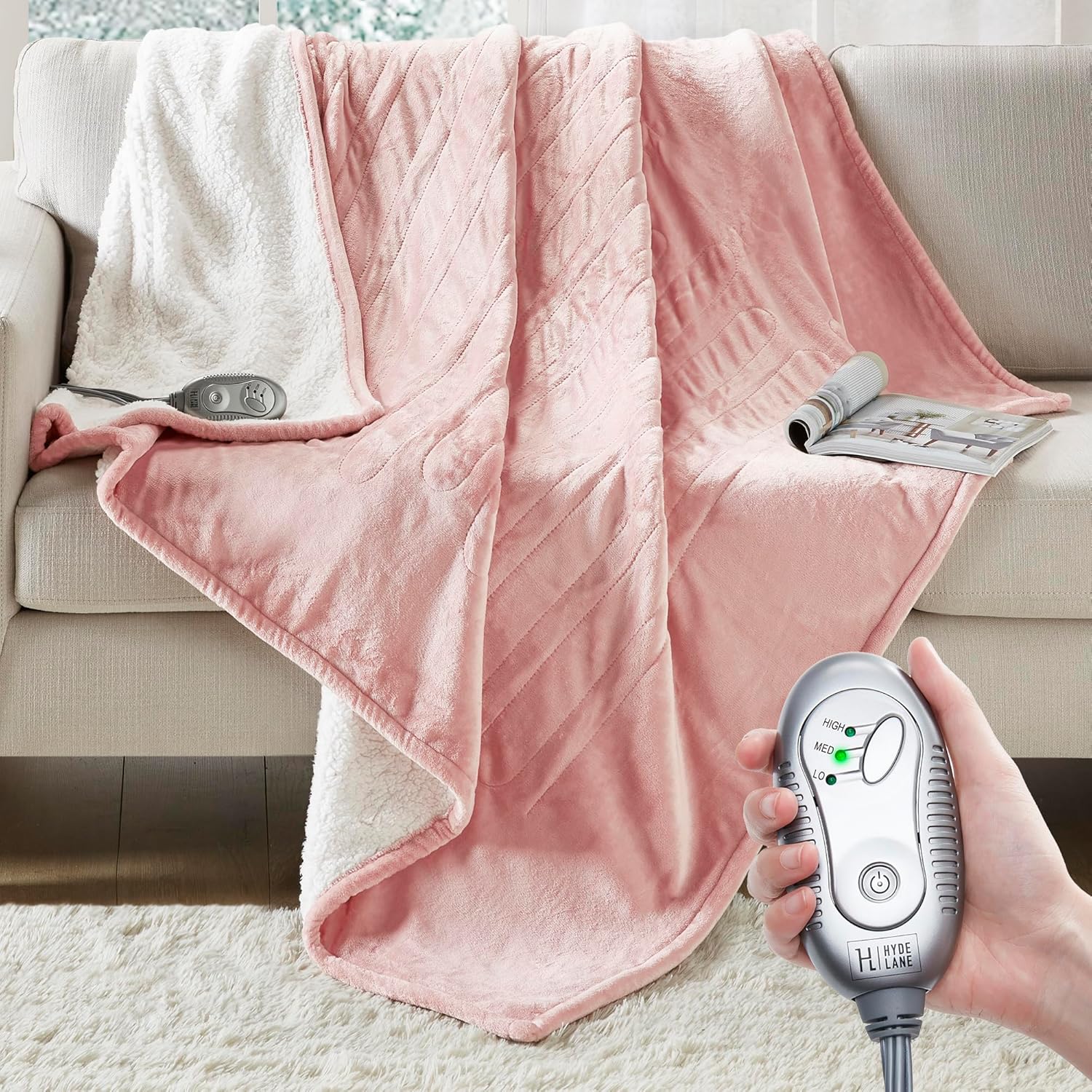 Hyde Lane [Premium] Heated Plush Sherpa Throw Blanket Blush 60x70