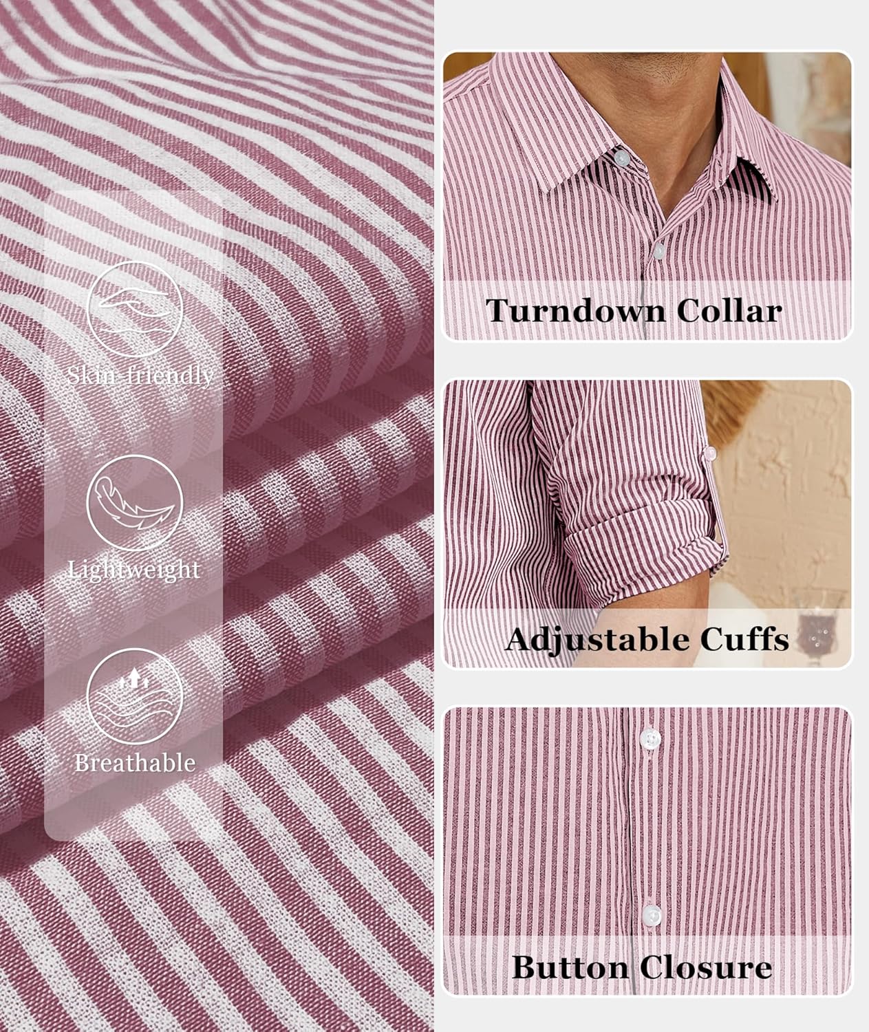 Mens Button Down Long Sleeve Shirts Striped Collar Cotton Casual Business Summer Beach Wedding Dress Shirt - Image 4